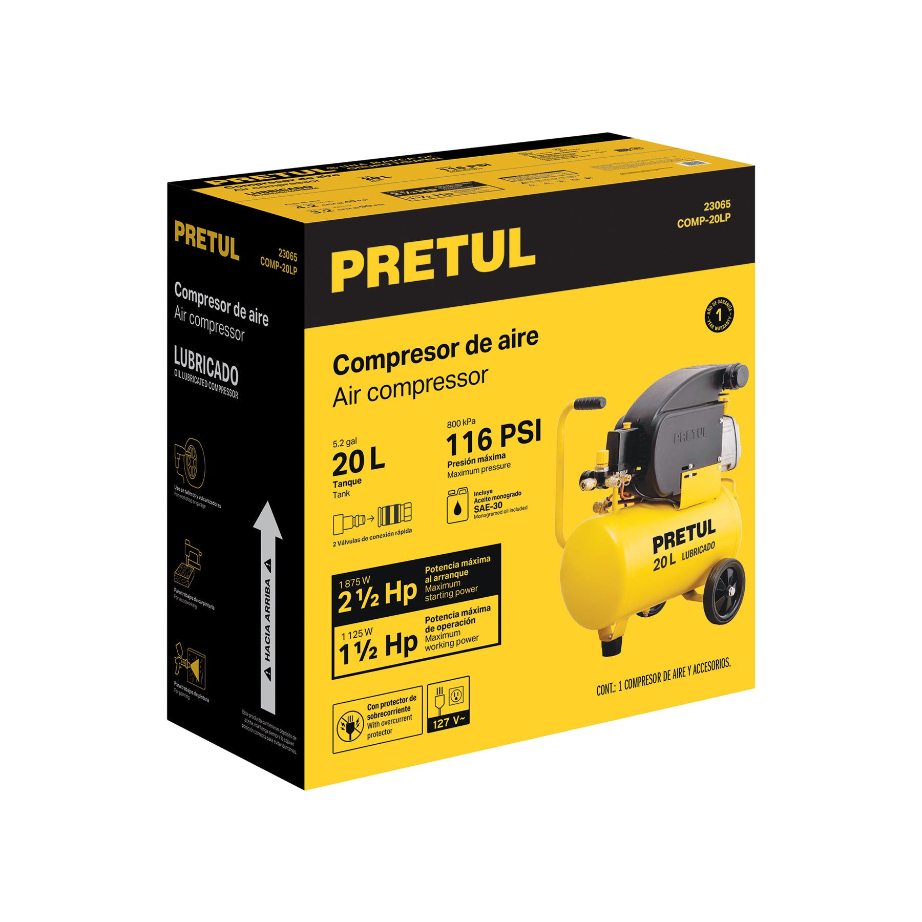 Compresor, 20 L, 3-1/2 HP (potencia máxima), 120 V, Pretul
