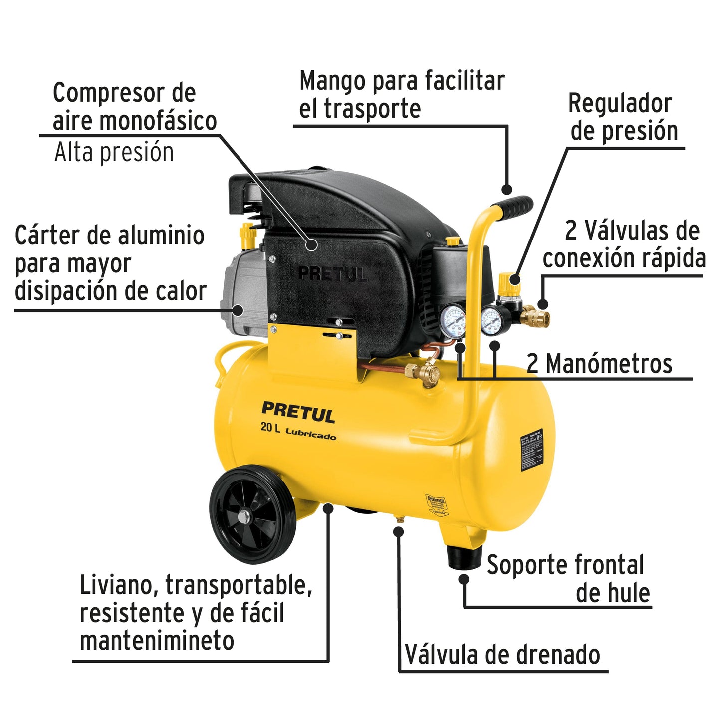 Compresor, 20 L, 3-1/2 HP (potencia máxima), 120 V, Pretul
