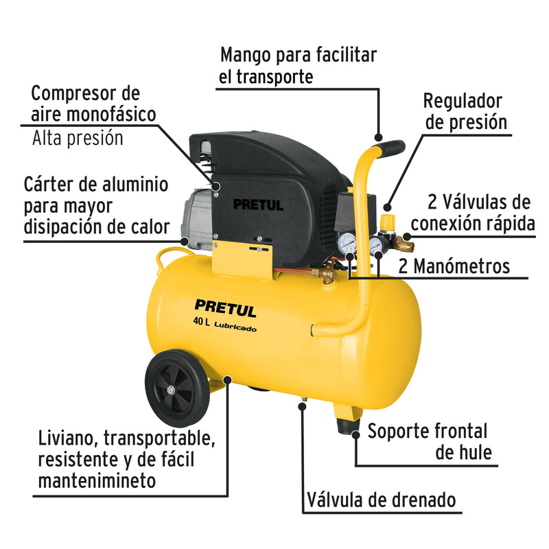 Compresor, 40 L, 4 HP (potencia máxima ), 120 V, Pretul