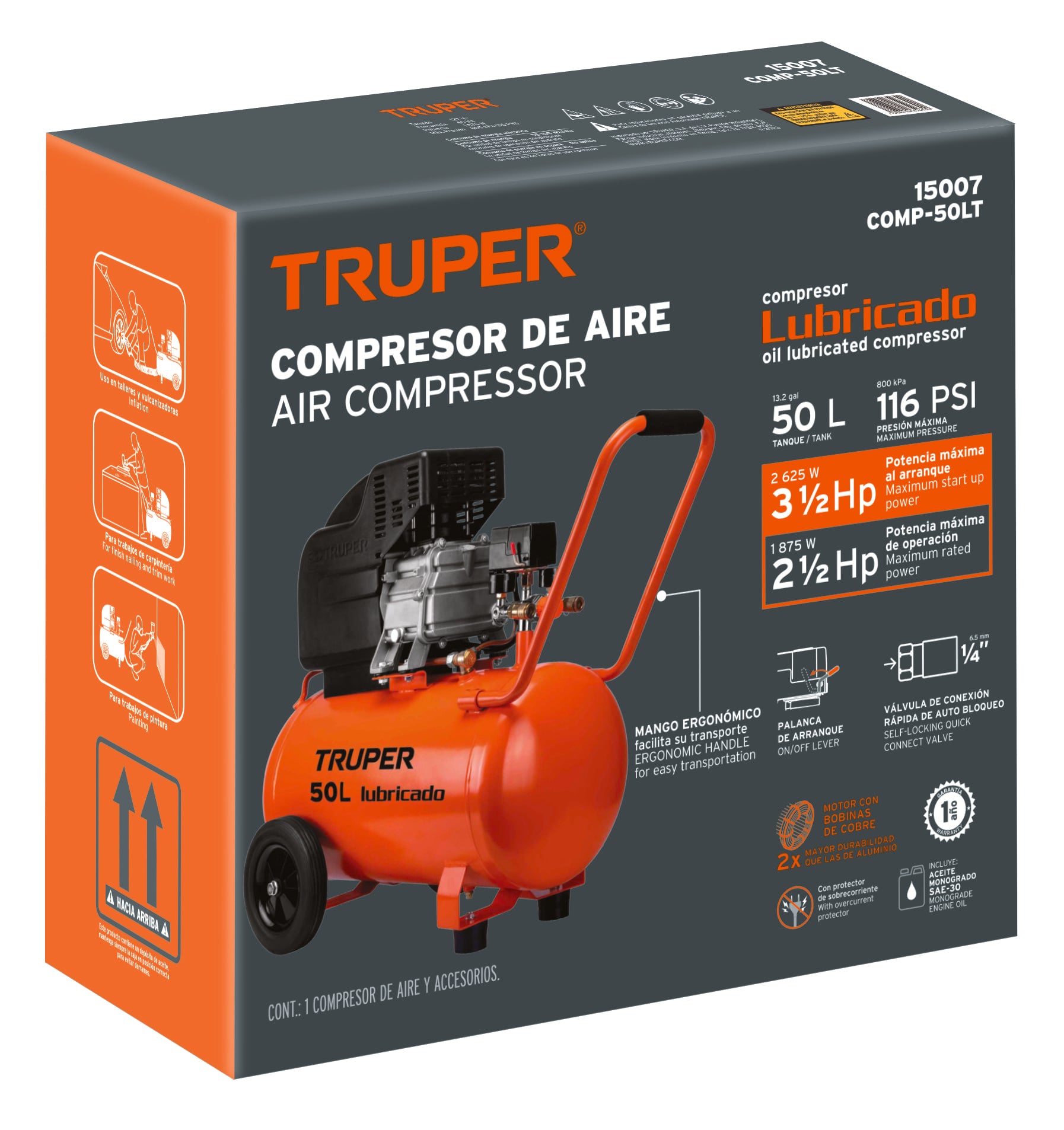 Compresor horizontal, 50 L, 4-1/2 HP (potencia máxima),120V