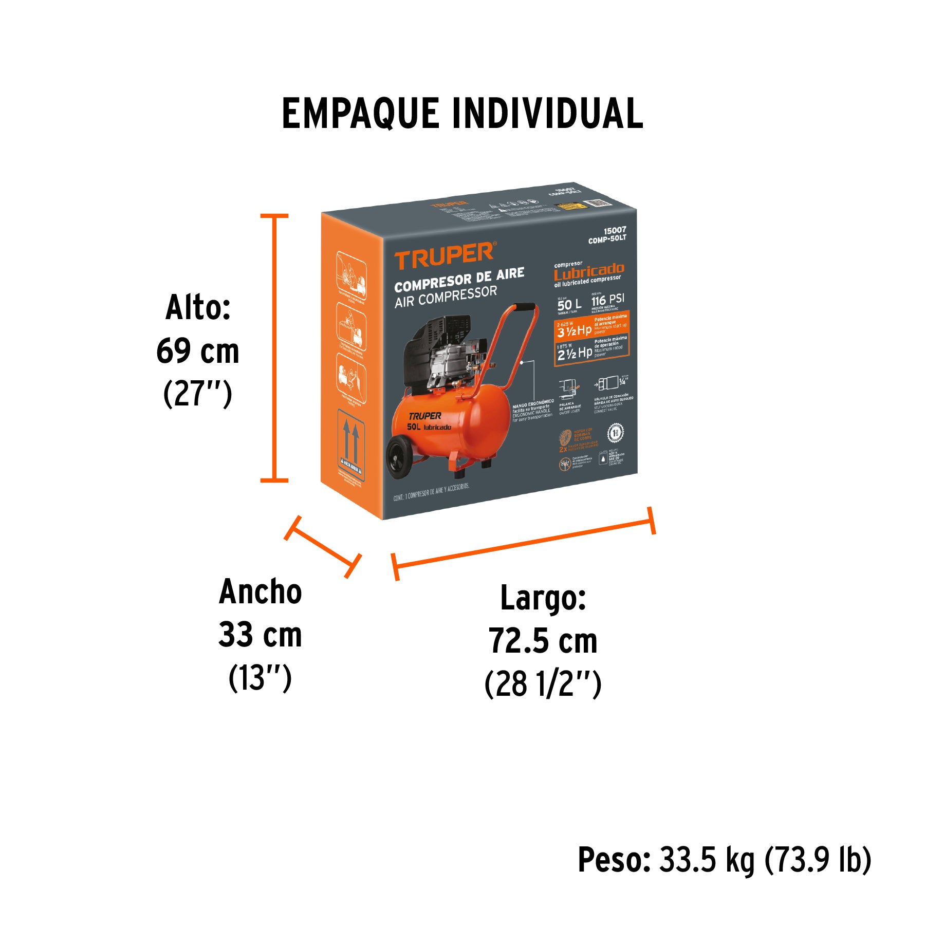 Compresor horizontal, 50 L, 4-1/2 HP (potencia máxima),120V