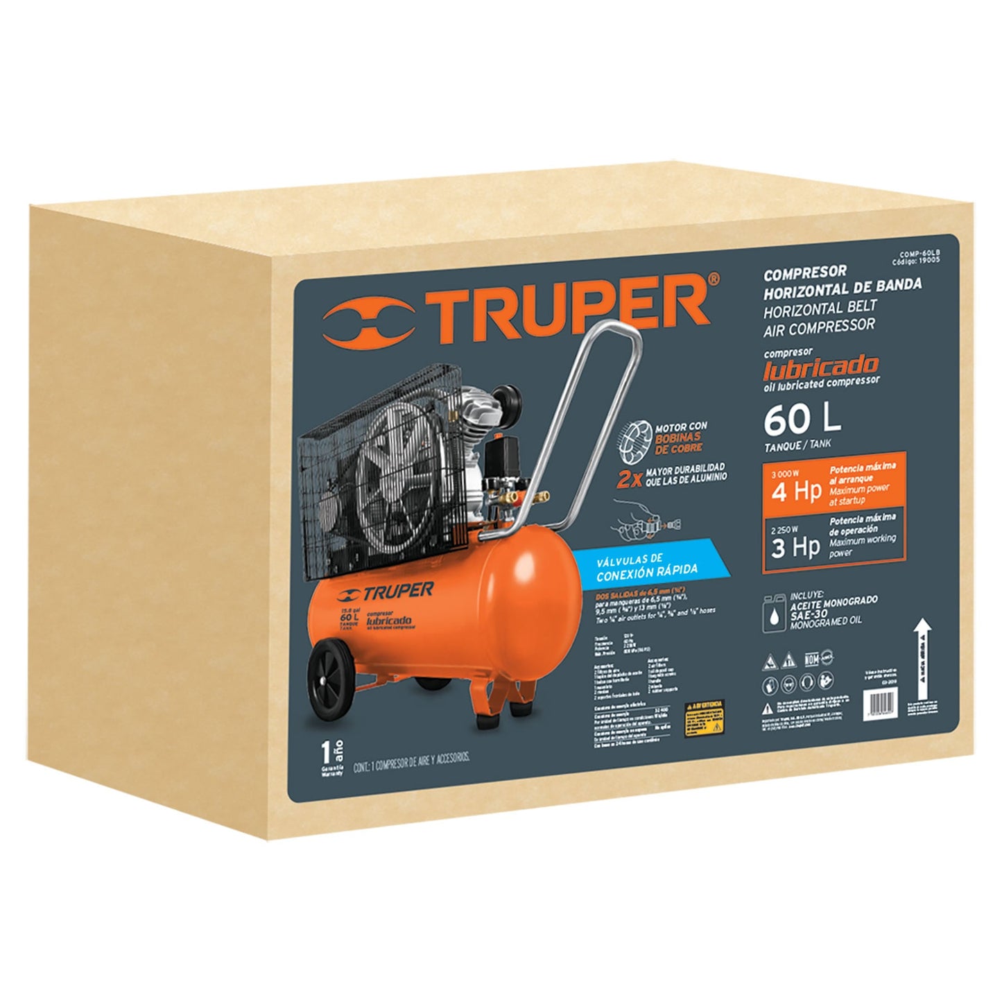 Compresor horizontal 60 L, 4 HP (potencia máxima ), 120 V