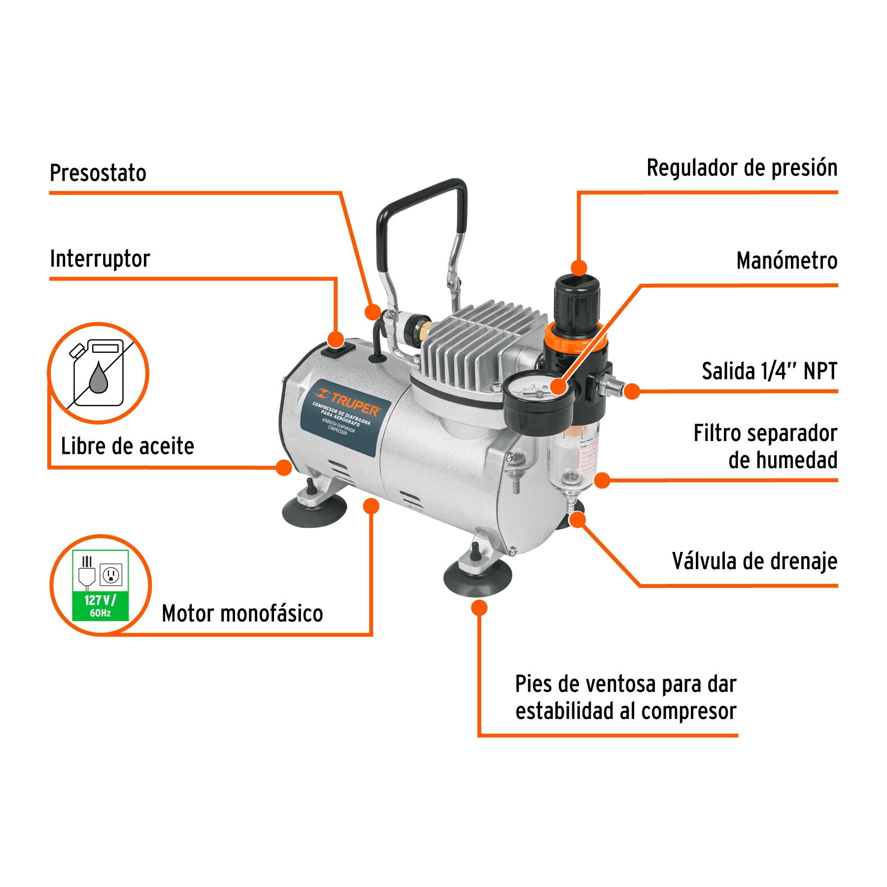 Compresor de diafragma para aerógrafo, 1/5 HP, 110 V
