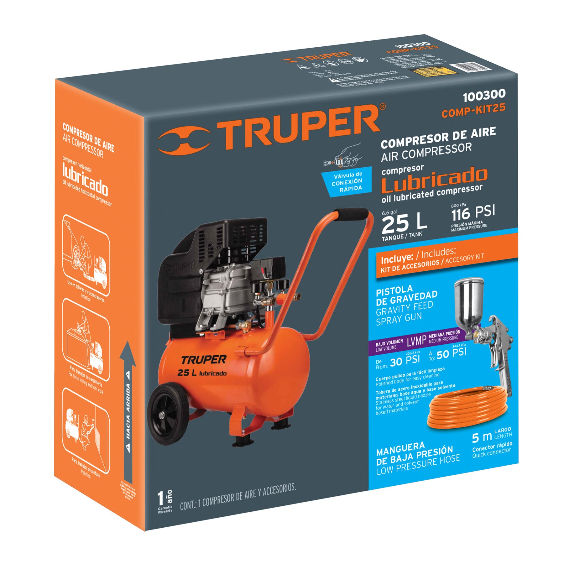 Kit, compresor 25 L, 3 HP, manguera de PVC y pistola