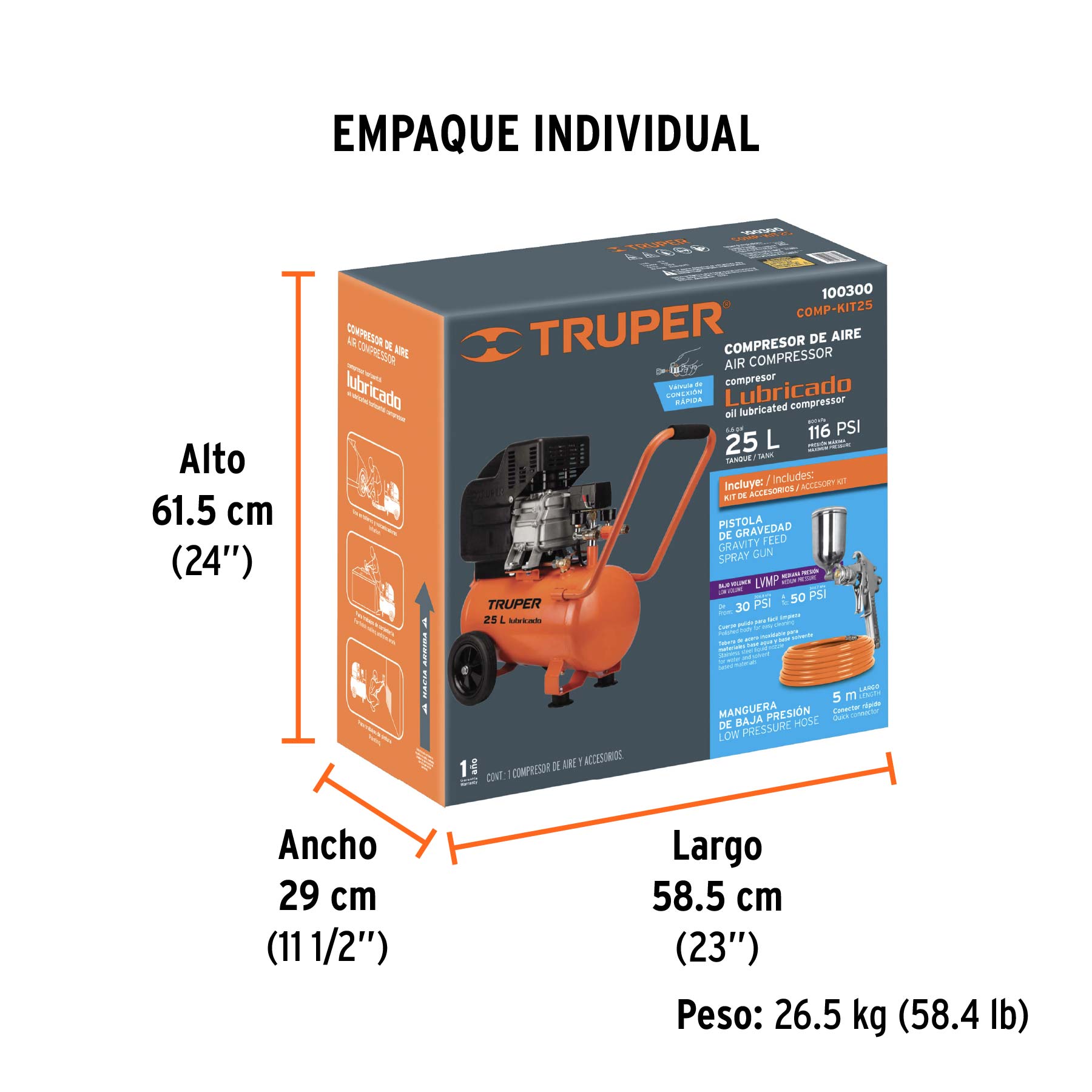 Kit, compresor 25 L, 3 HP, manguera de PVC y pistola