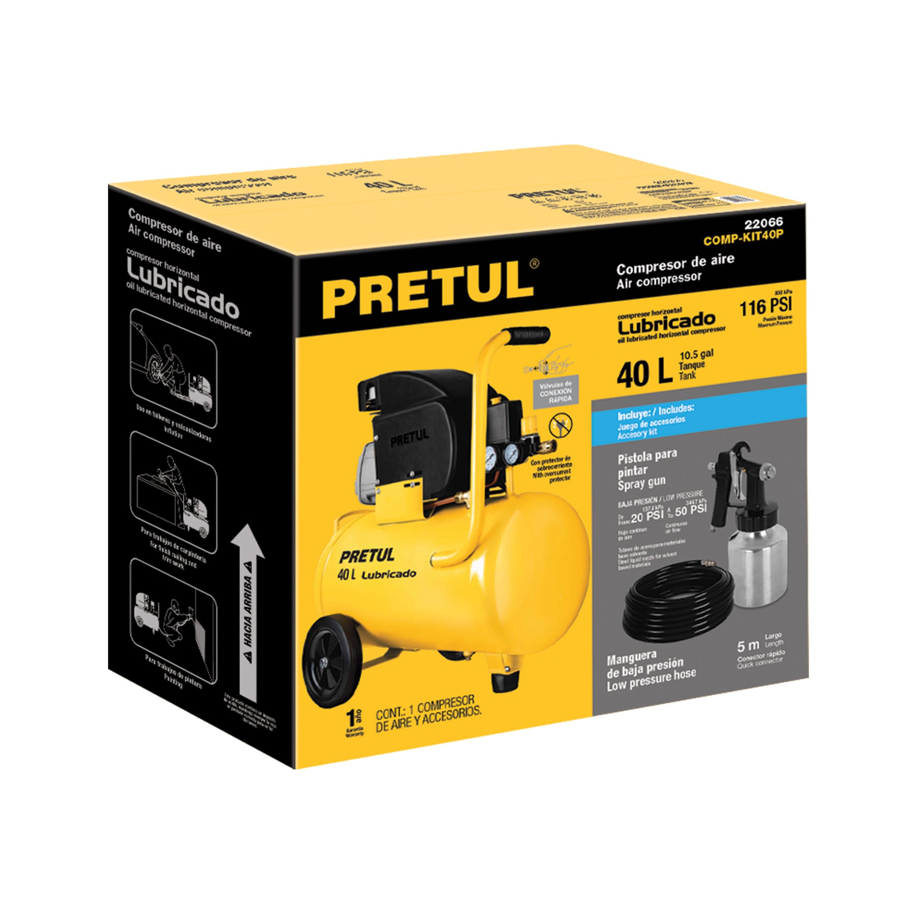 Kit, compresor 40 L, manguera de PVC y pistola, Pretul