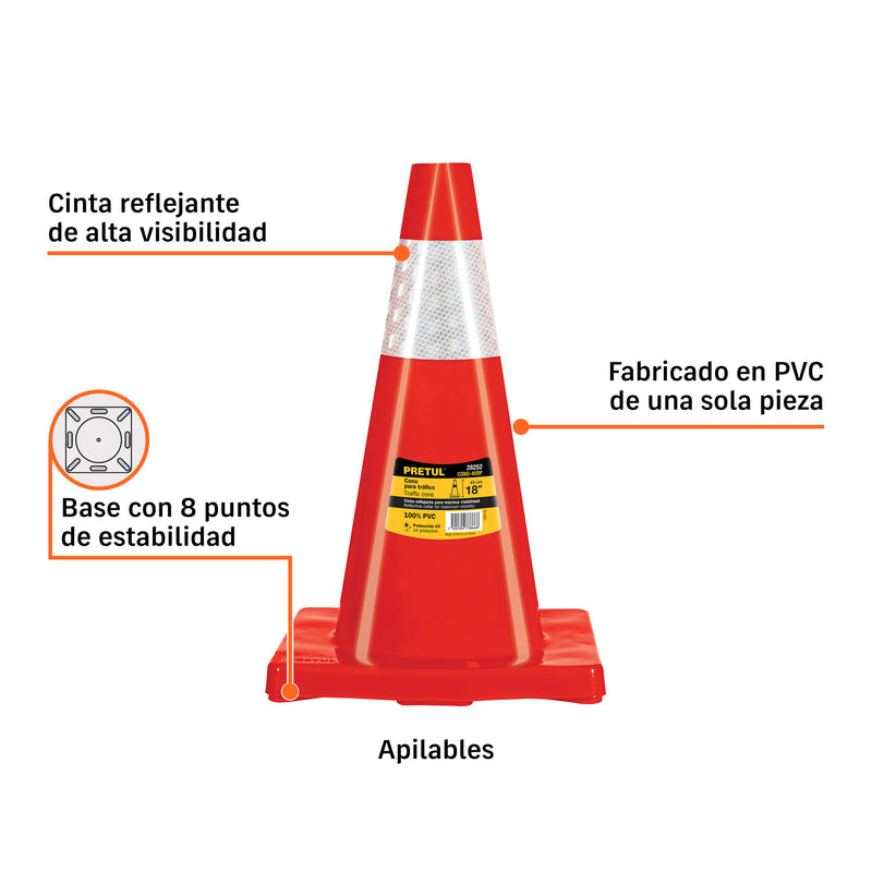 Cono de precaución de 45 cm de PVC con reflejante, Pretul