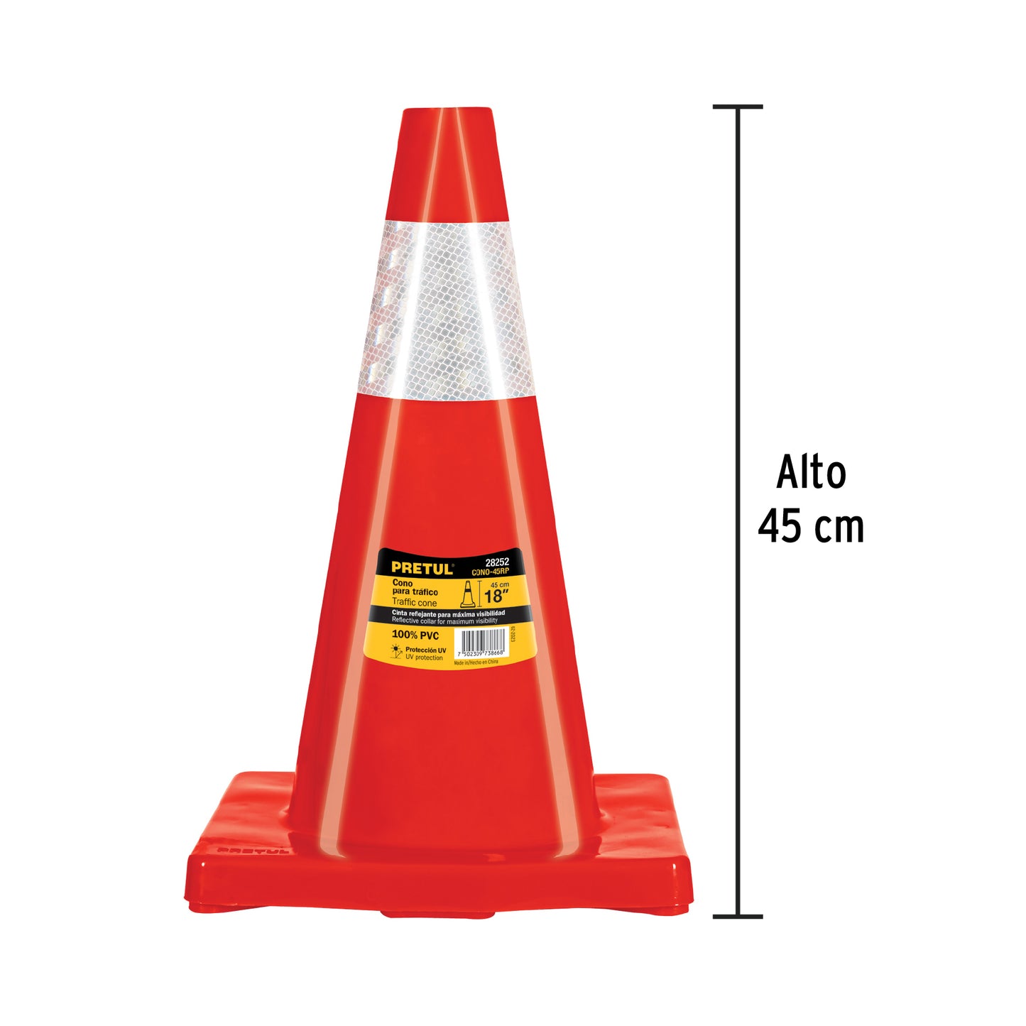Cono de precaución de 45 cm de PVC con reflejante, Pretul