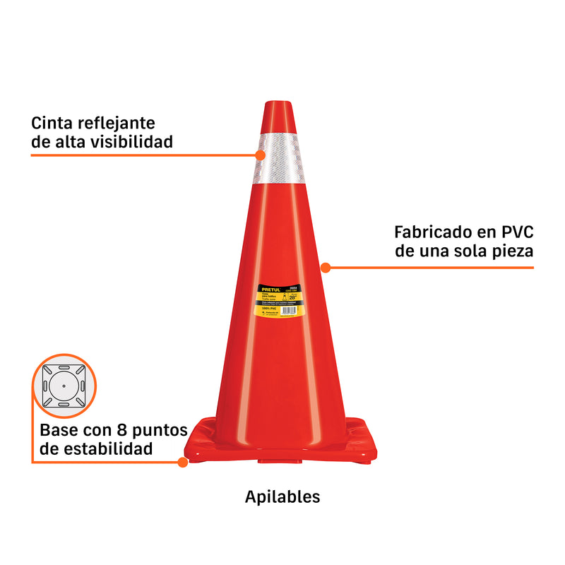 Cono de precaución de 70 cm de PVC con reflejante, Pretul