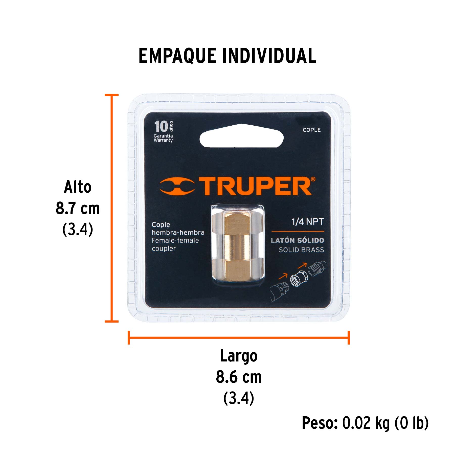 Cople de latón, tipo FF, cuerda 1/4 NPT