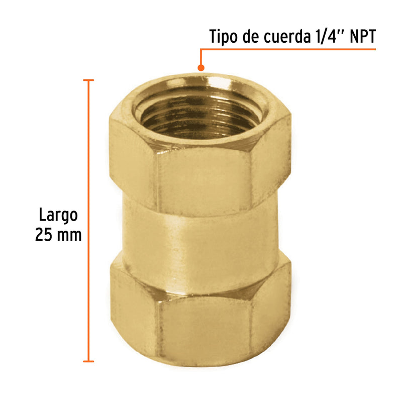 Cople de latón, tipo FF, cuerda 1/4 NPT