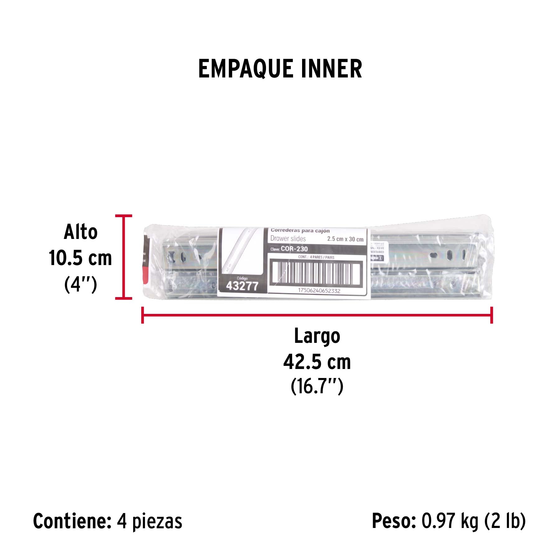 Corredera embalada para cajón, apertura 3/4- 30 cm, 2 pzas