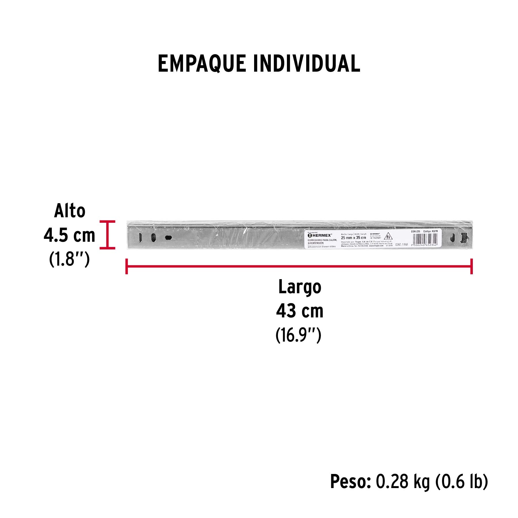 Corredera embalada para cajón, apertura 3/4- 35 cm, 2 pzas