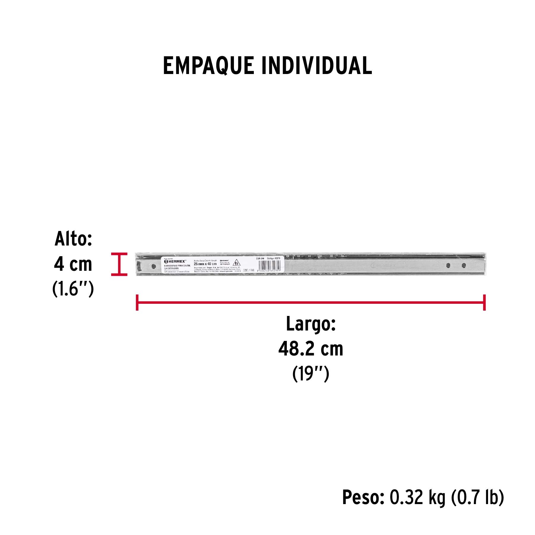 Corredera embalada para cajón, apertura 3/4- 40 cm, 2 pzas