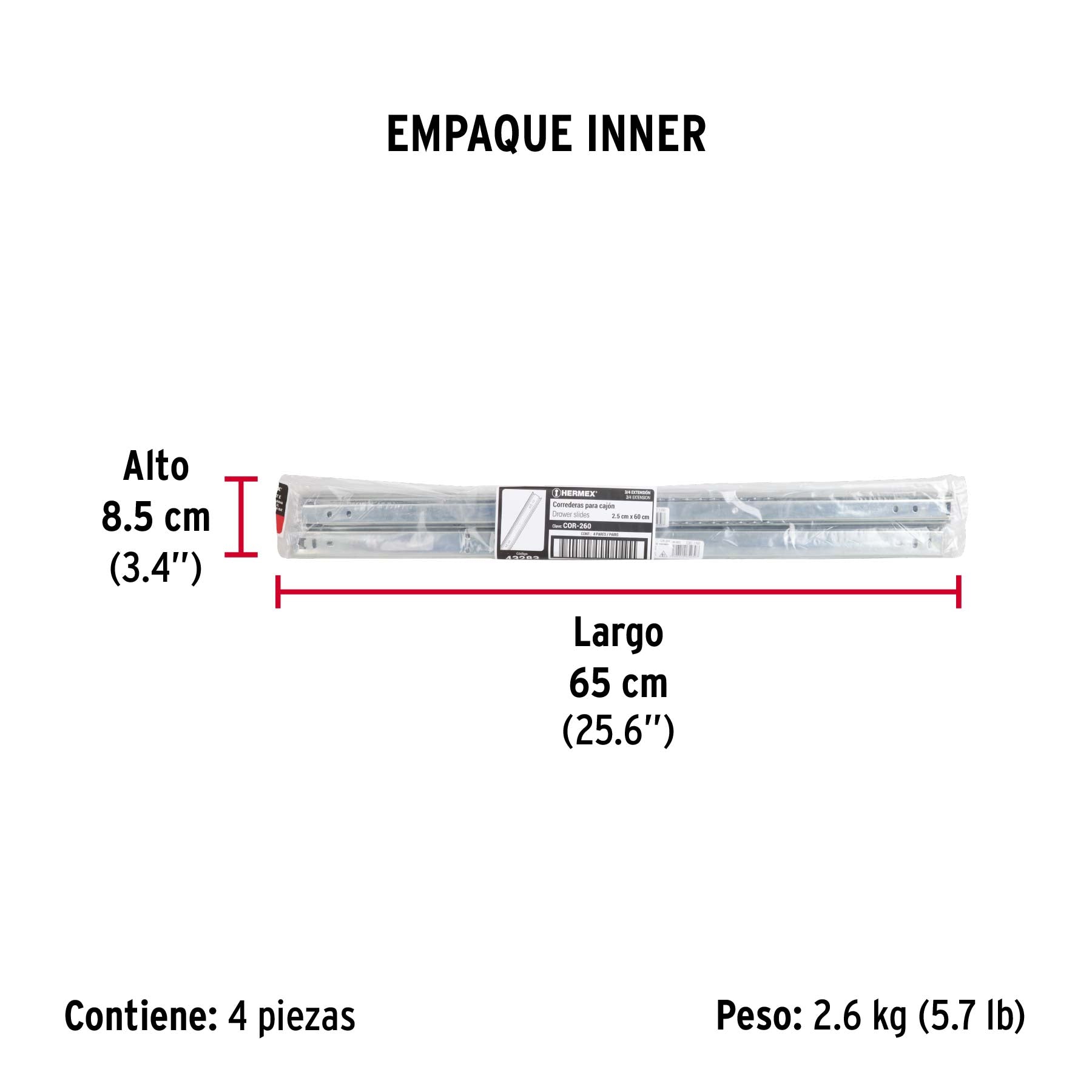 Corredera embalada para cajón, apertura 3/4- 60 cm, 2 pzas