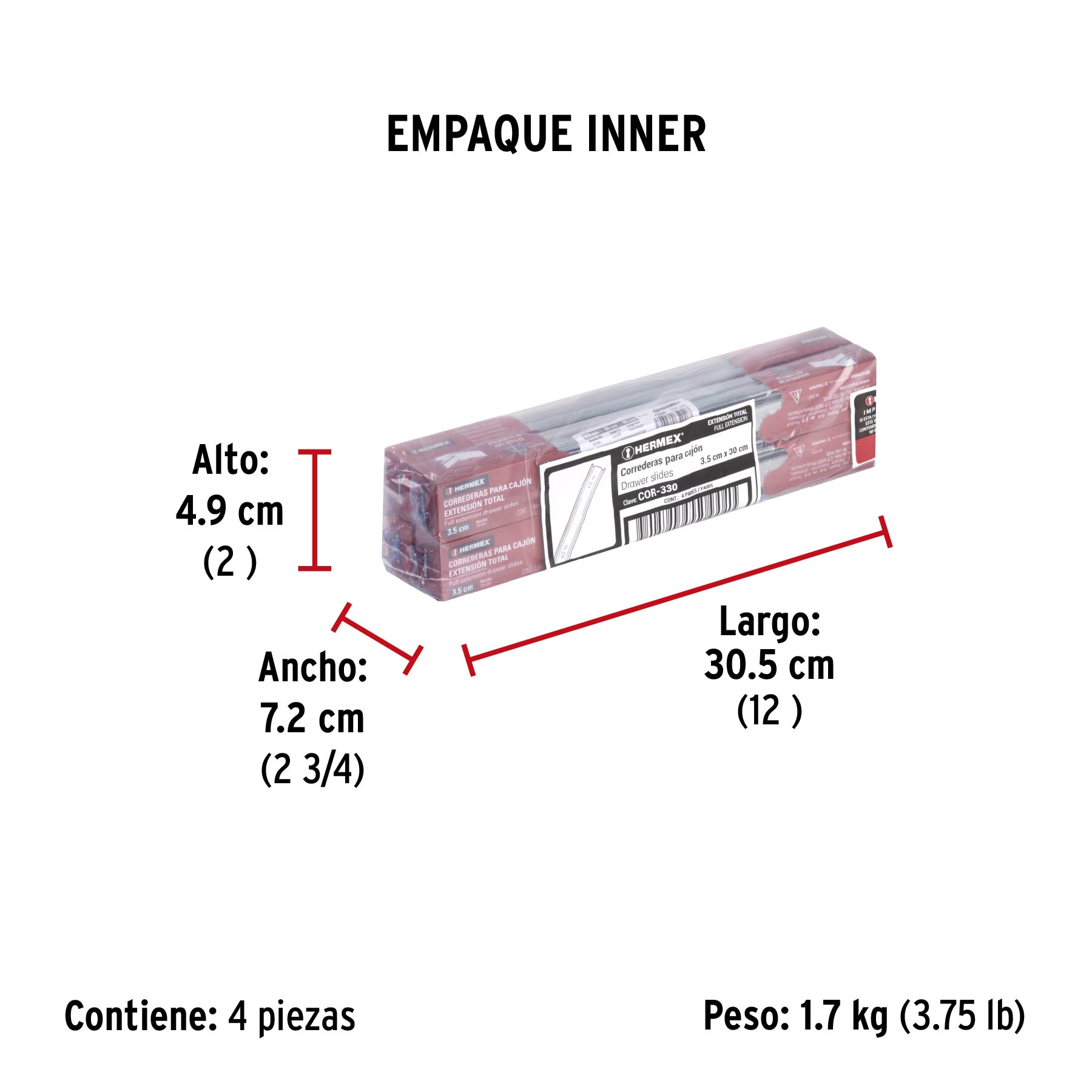 Corredera de extensión total 35mm, para cajón, 30cm, 2 pzas