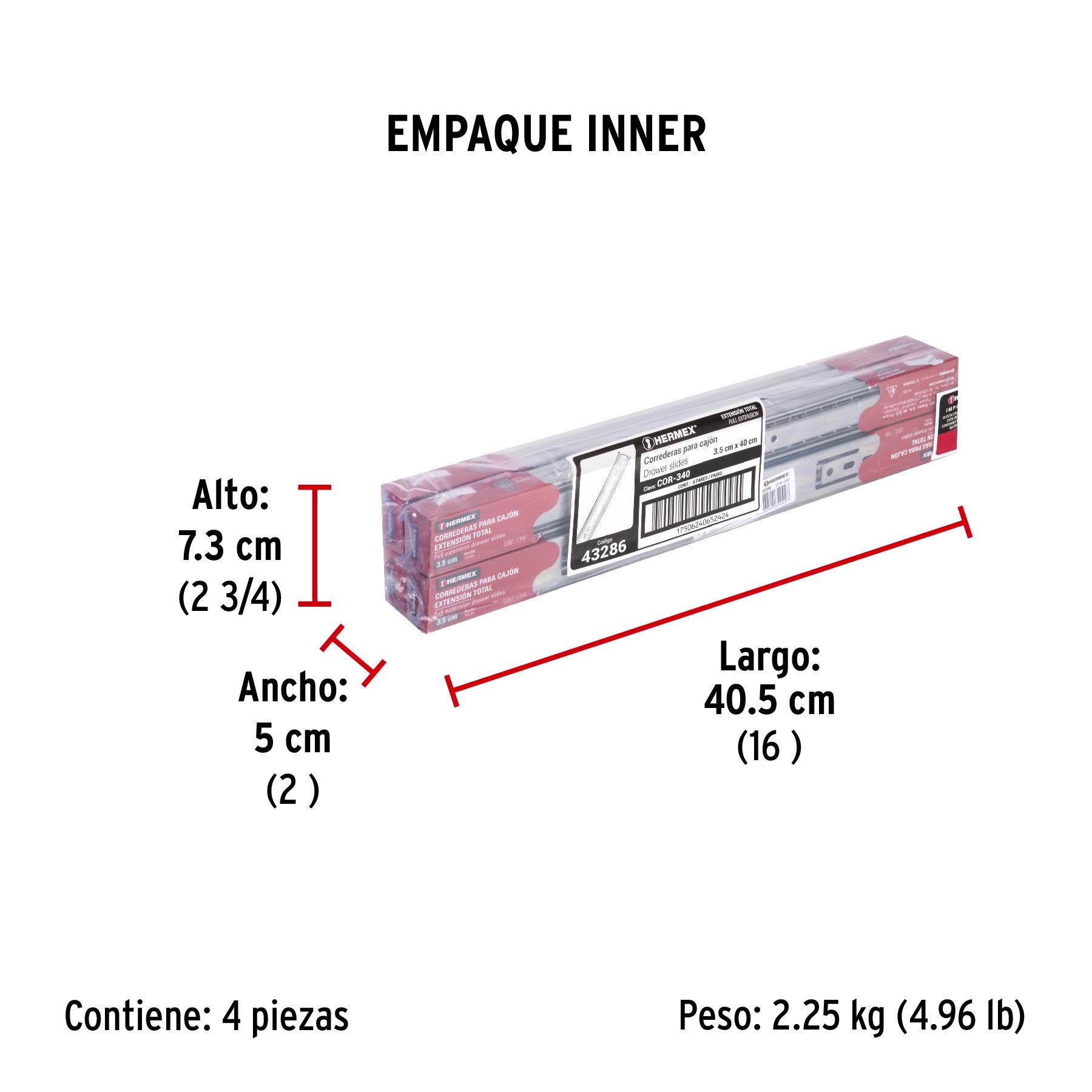 Corredera de extensión total 35mm, para cajón, 40cm, 2 pzas