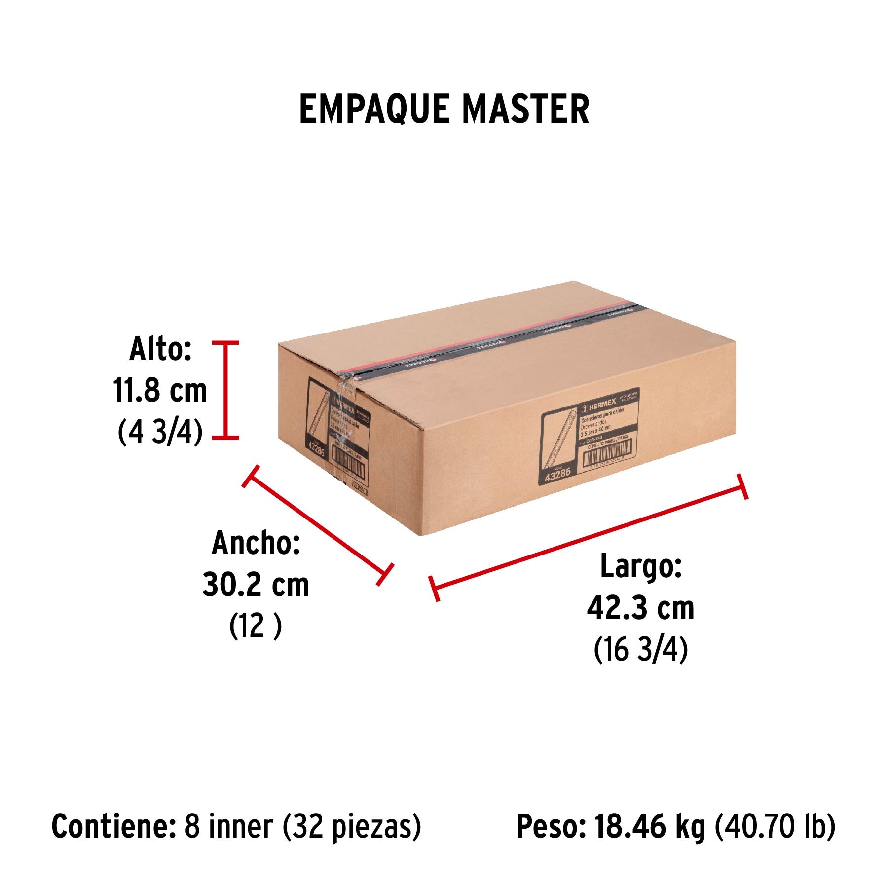 Corredera de extensión total 35mm, para cajón, 40cm, 2 pzas