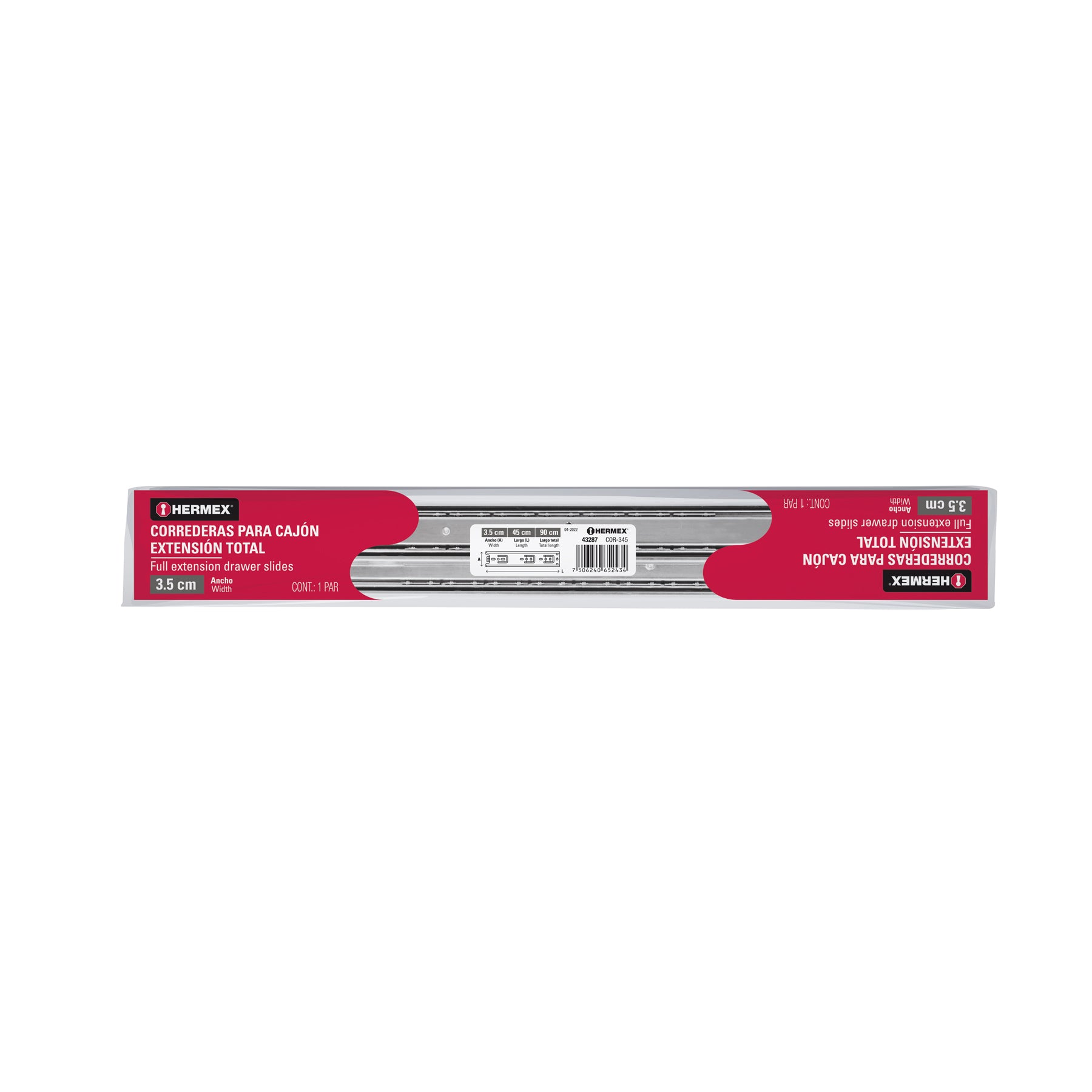 Corredera de extensión total 35mm, para cajón, 45cm, 2 pzas