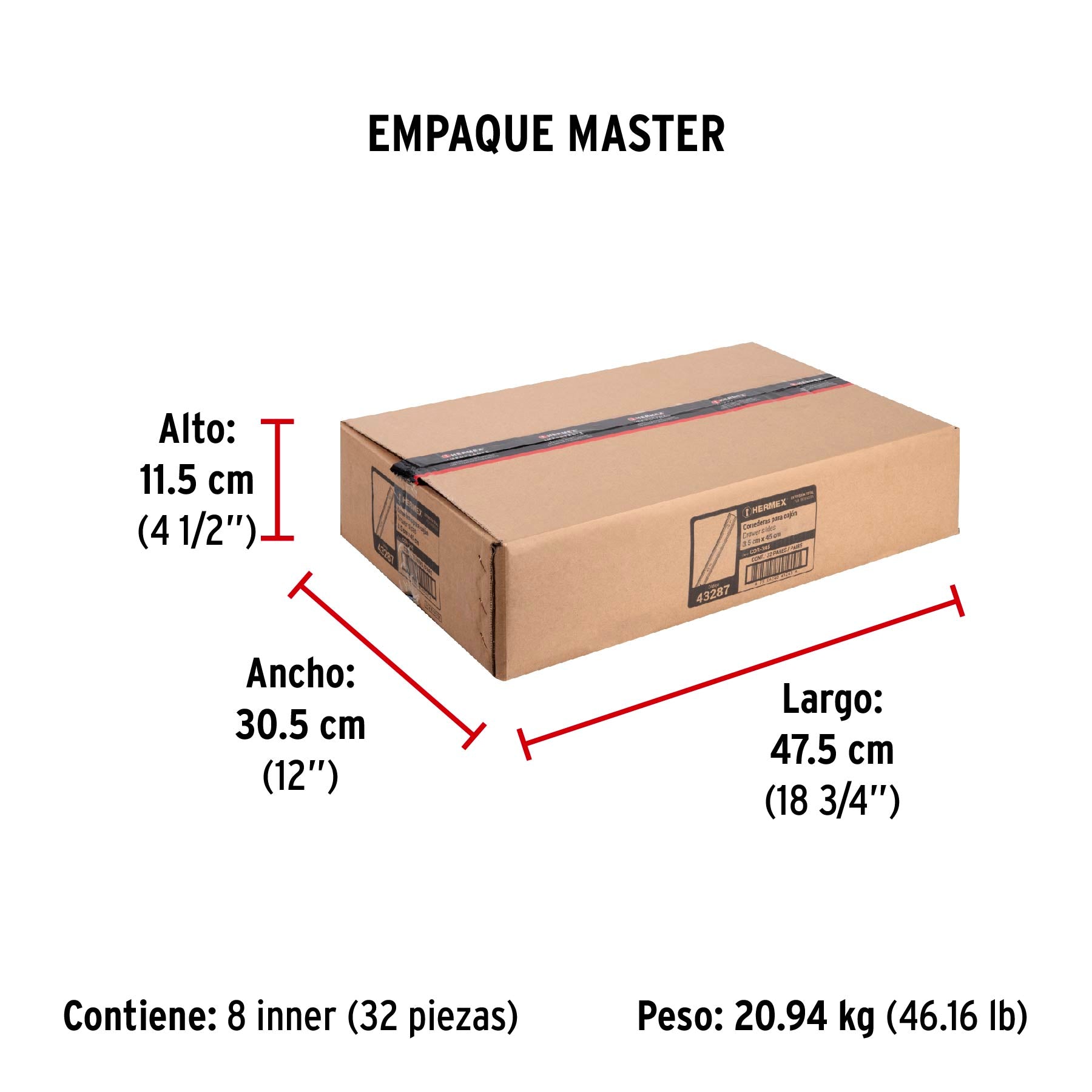 Corredera de extensión total 35mm, para cajón, 45cm, 2 pzas