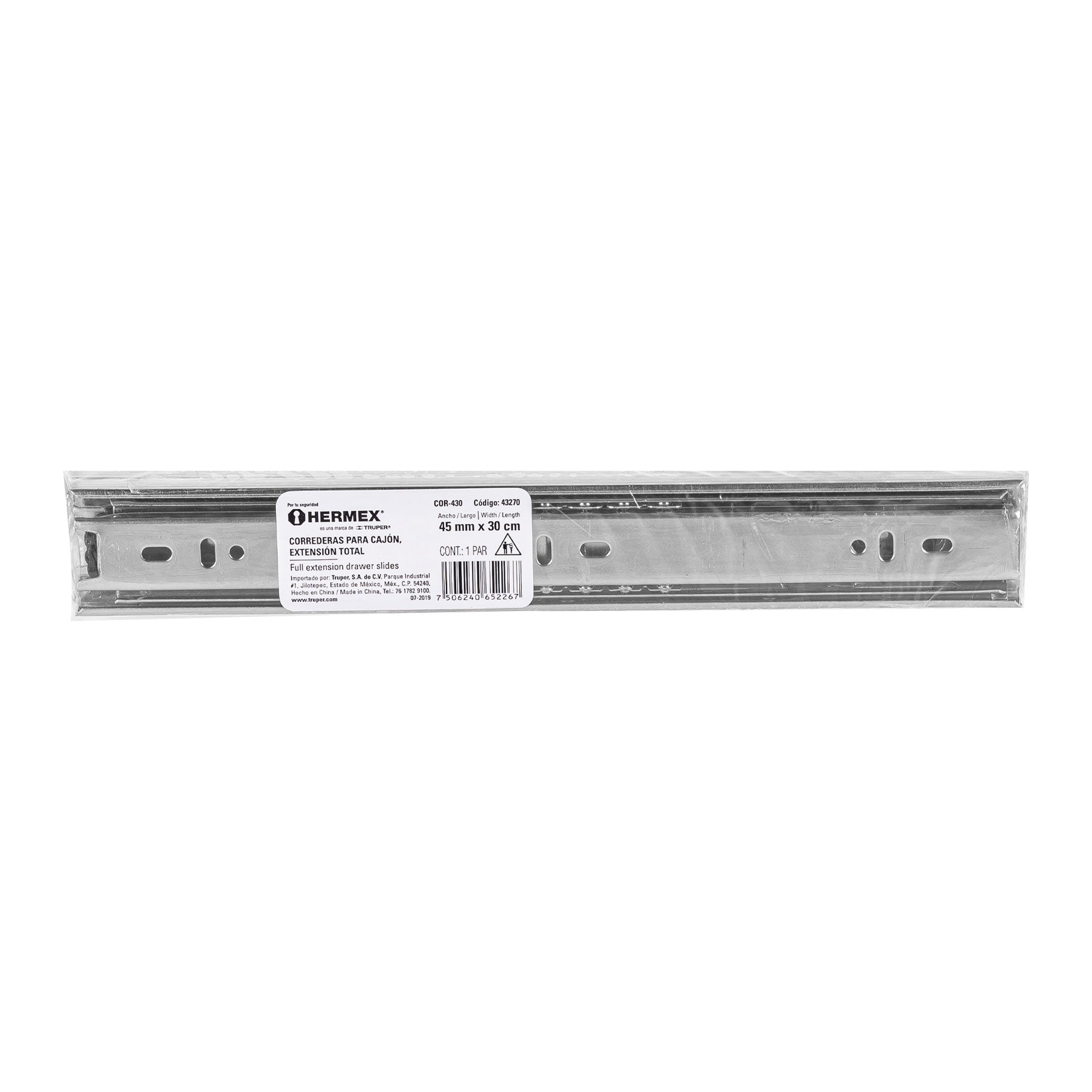 Corredera de extensión total 45mm, para cajón, 30cm, 2 pzas