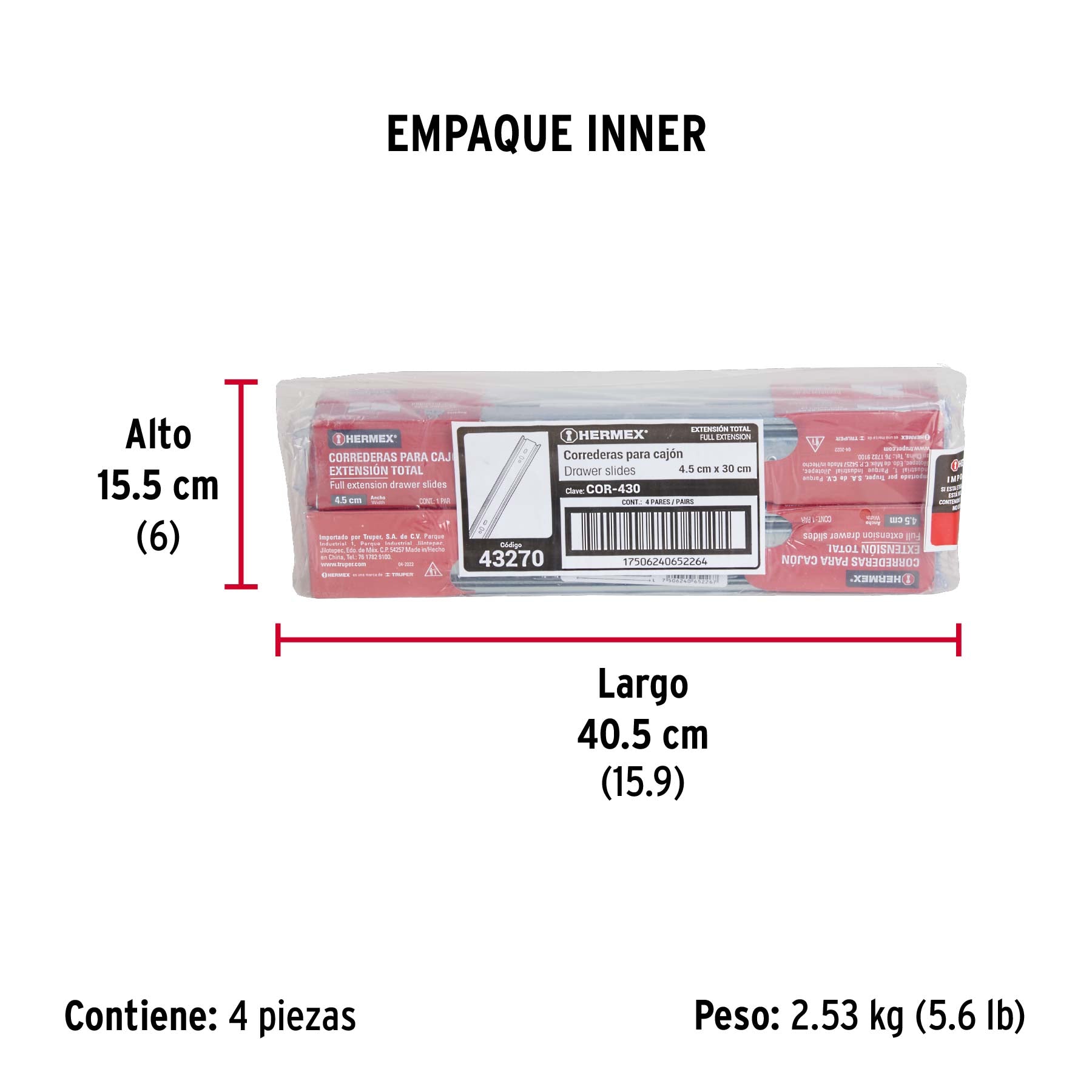 Corredera de extensión total 45mm, para cajón, 30cm, 2 pzas