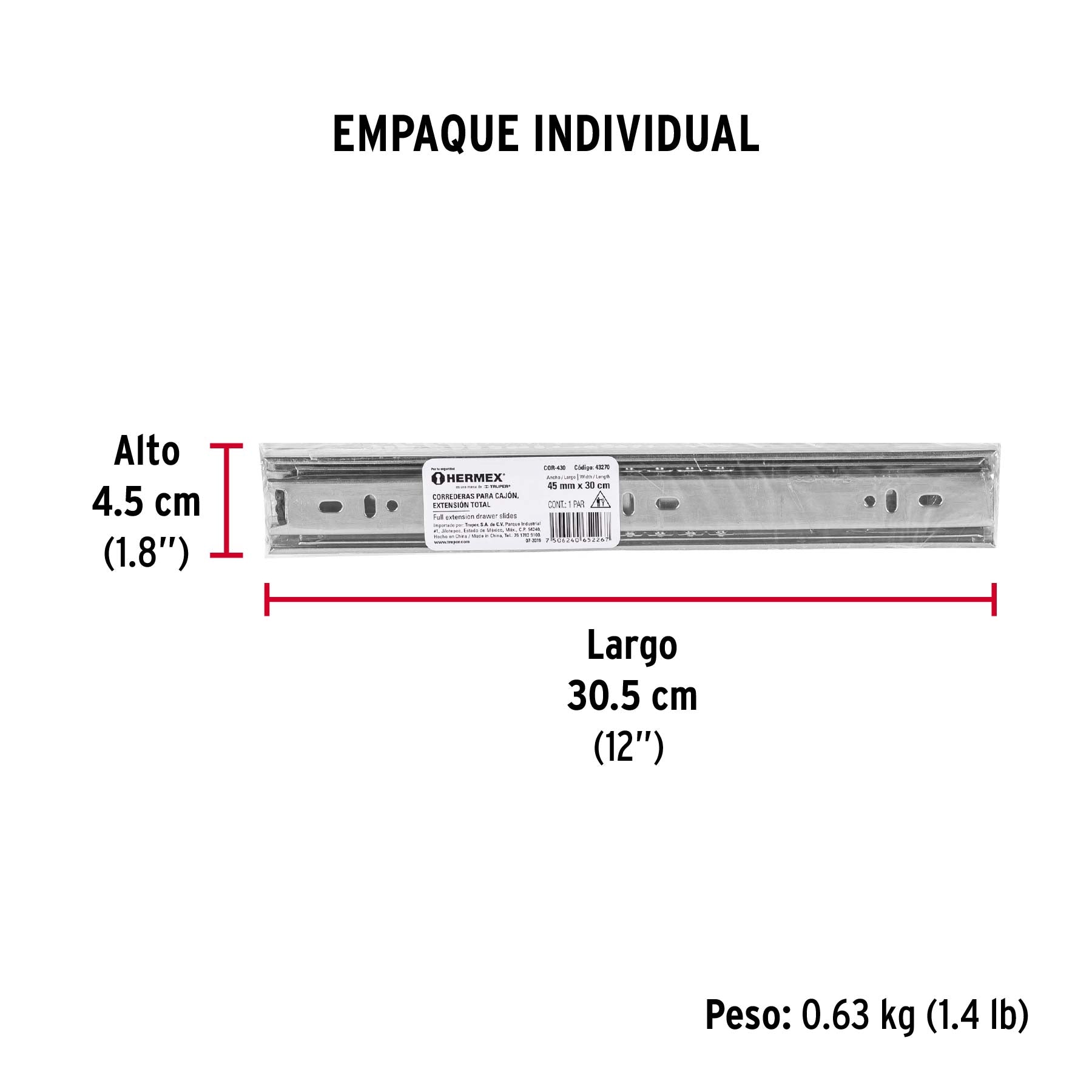 Corredera de extensión total 45mm, para cajón, 30cm, 2 pzas