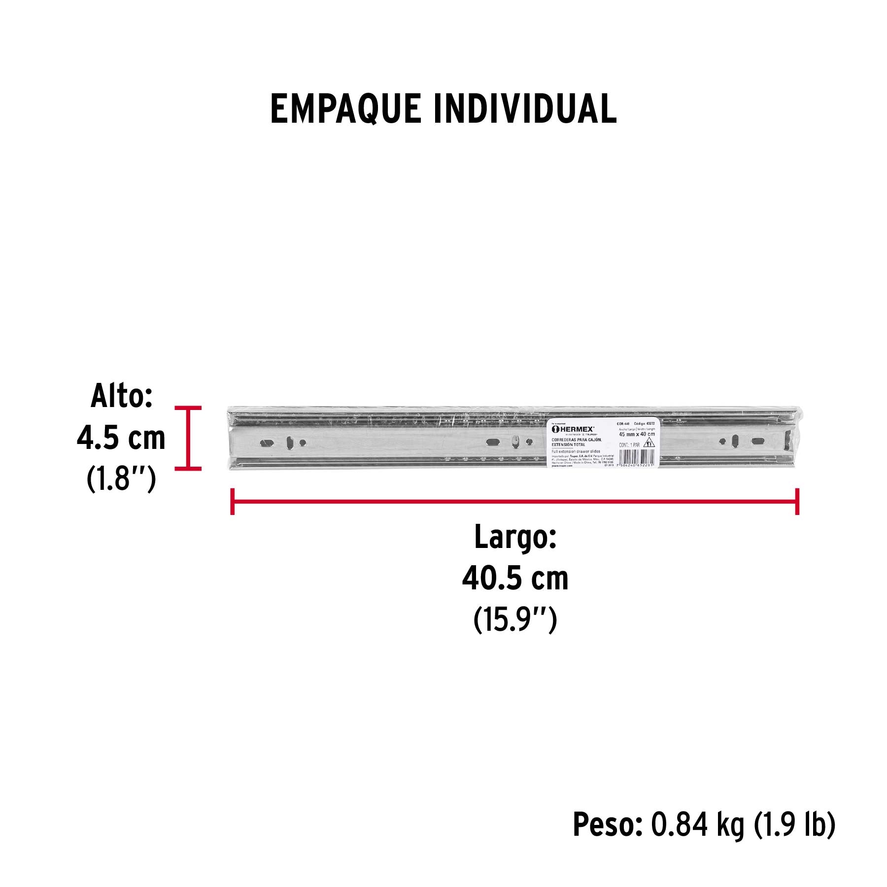 Corredera de extensión total 45mm, para cajón, 40cm, 2 pzas