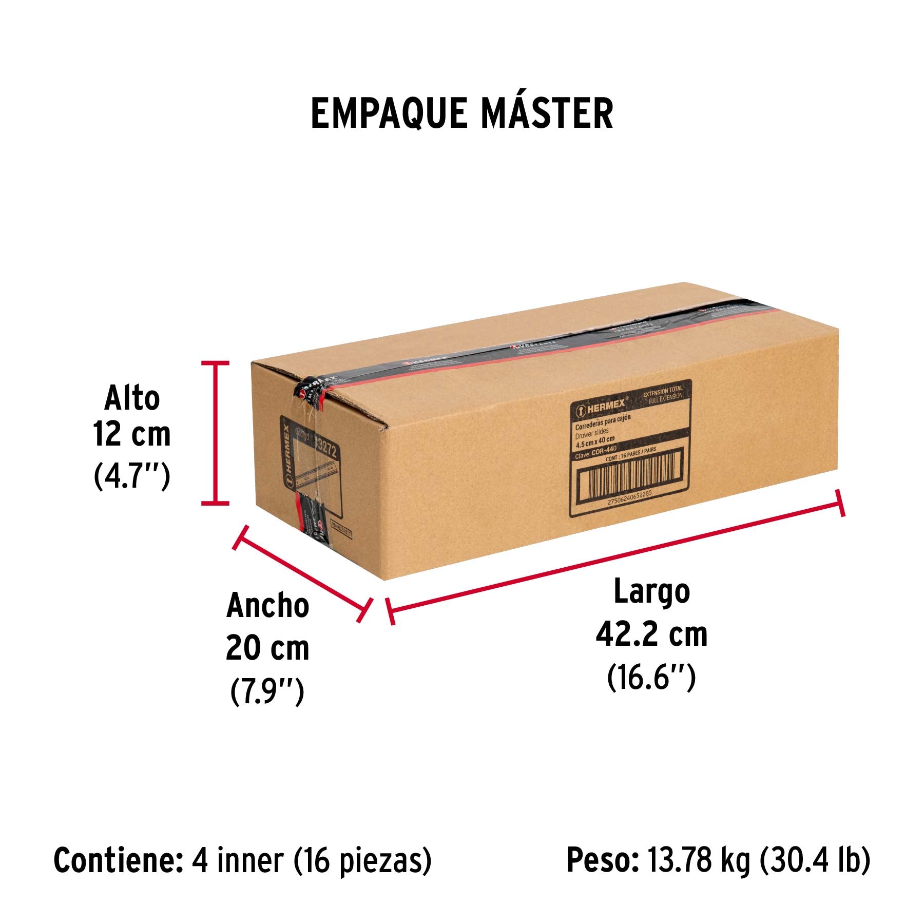 Corredera de extensión total 45mm, para cajón, 40cm, 2 pzas
