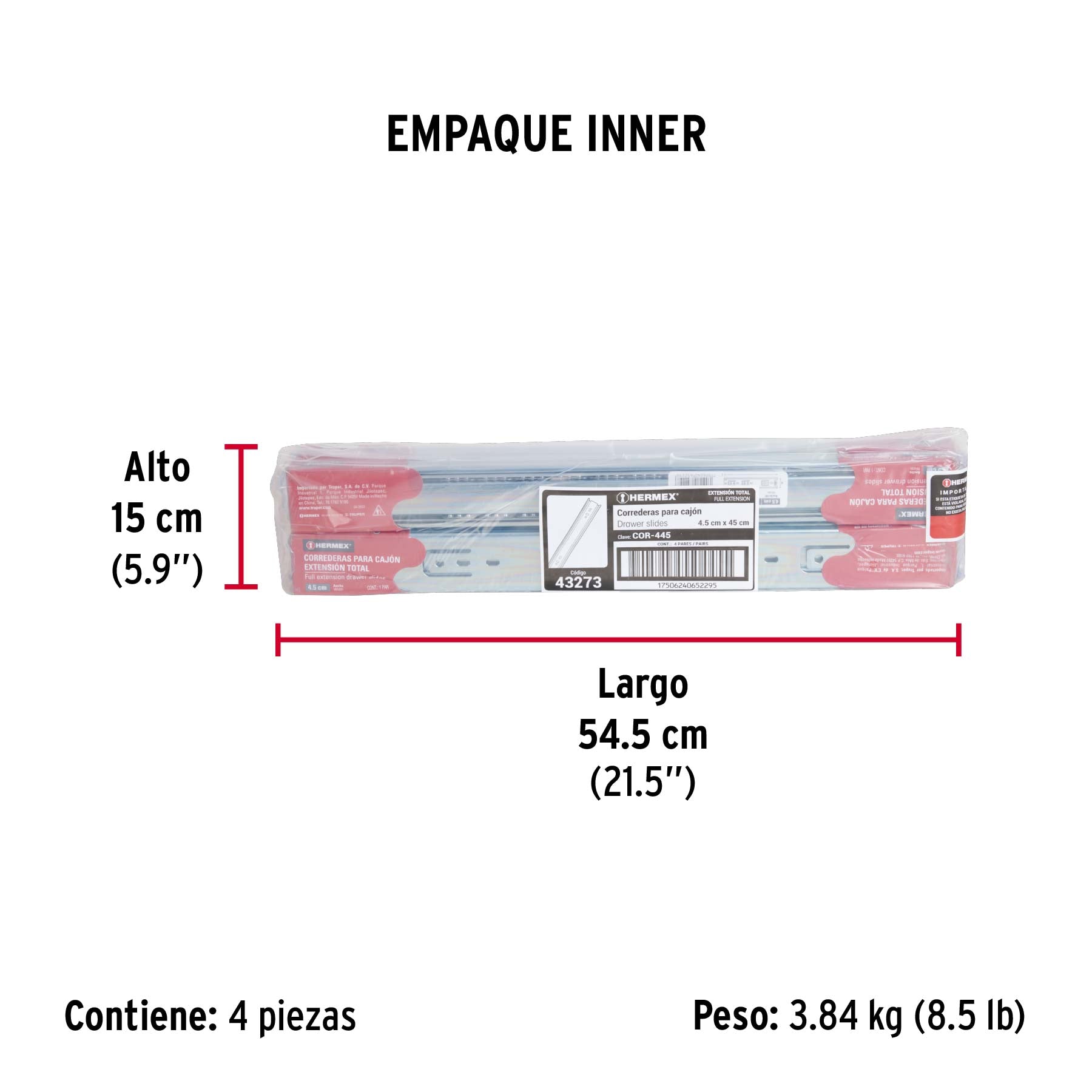 Corredera de extensión total 45mm, para cajón, 45cm, 2 pzas