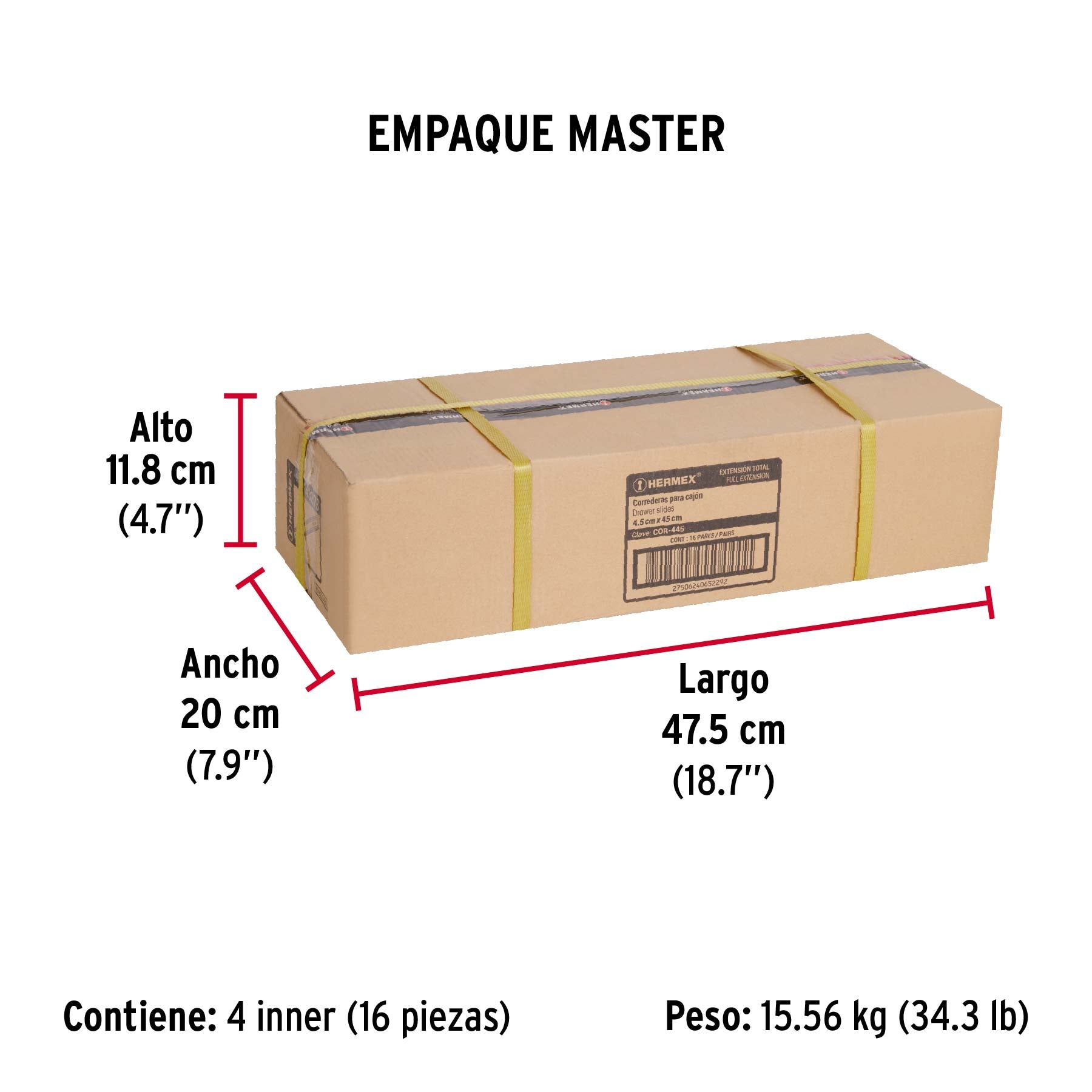 Corredera de extensión total 45mm, para cajón, 45cm, 2 pzas