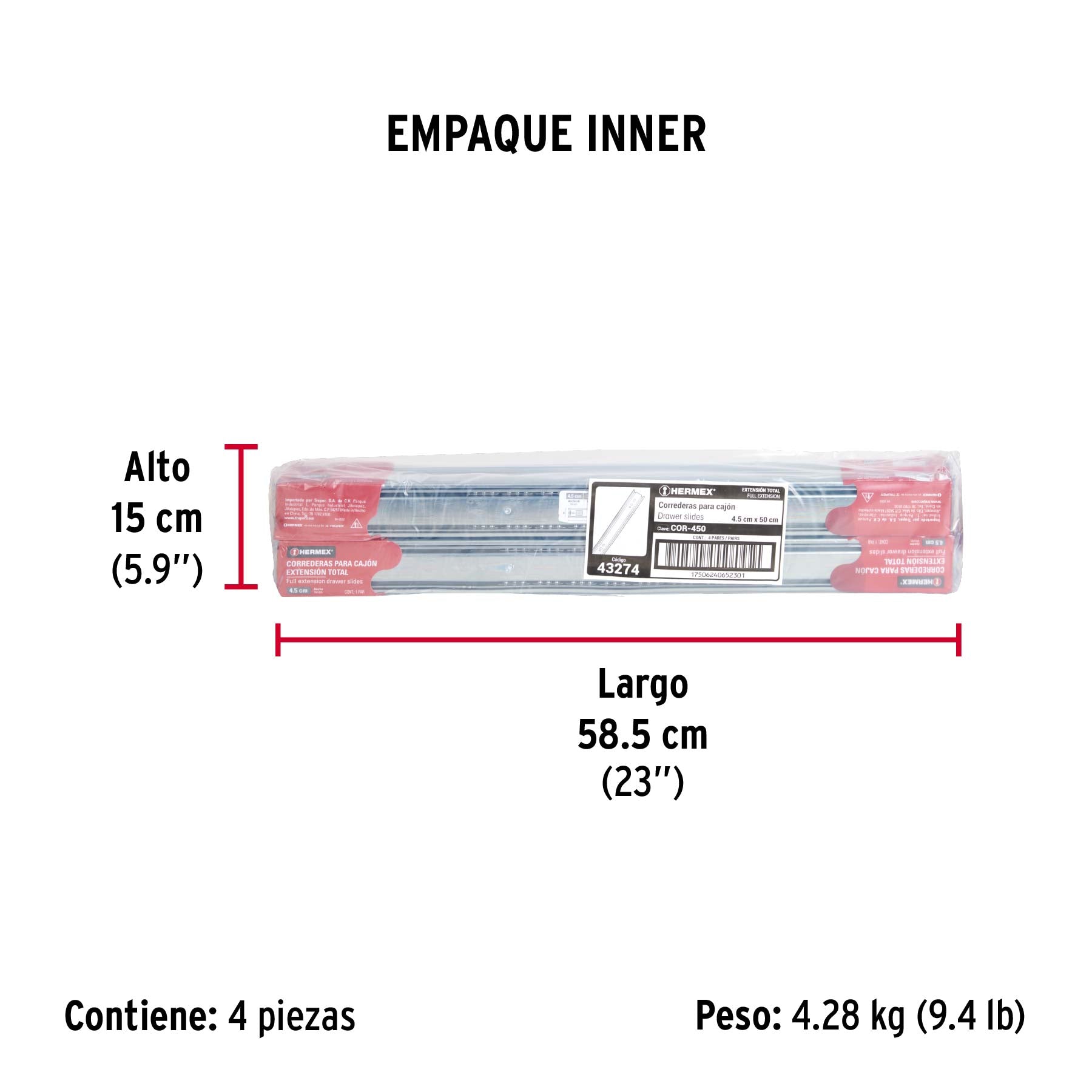 Corredera de extensión total 45mm, para cajón, 50cm, 2 pzas