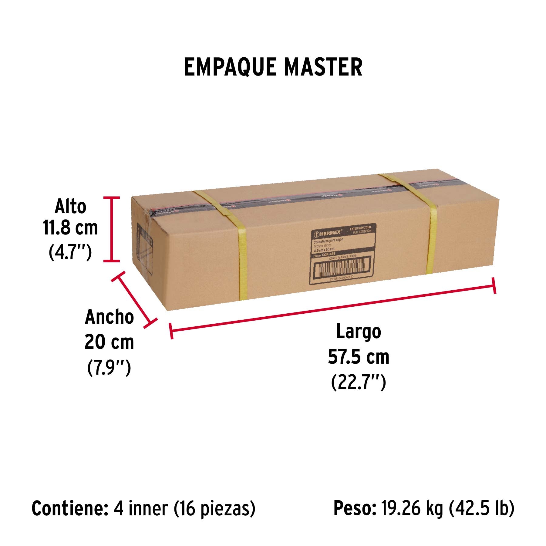 Corredera de extensión total 45mm, para cajón, 55cm, 2 pzas