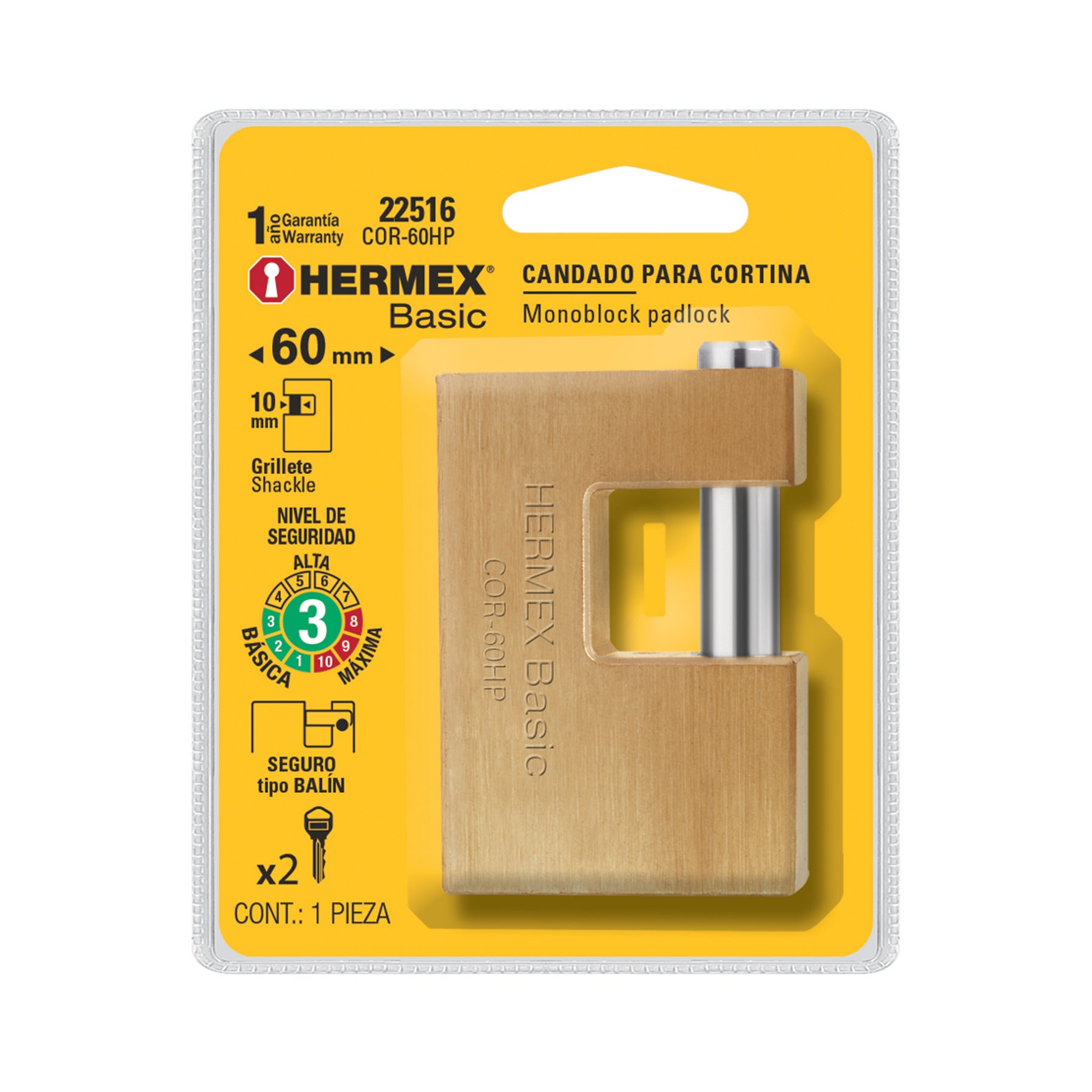 Candado antipalanca, 60mm, cuerpo de hierro, Hermex Basic