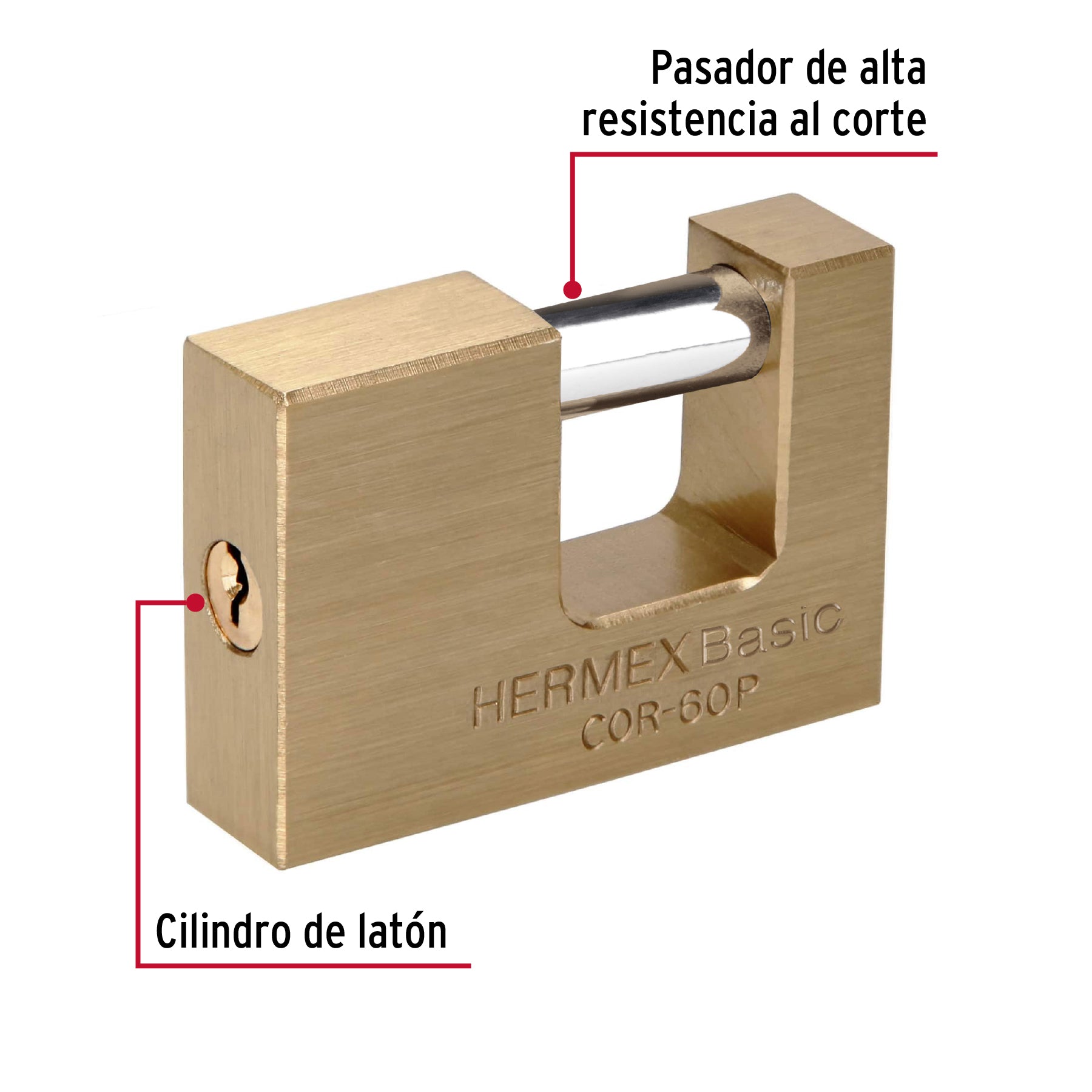 Candado antipalanca, 60mm, cuerpo de latón, Hermex Basic