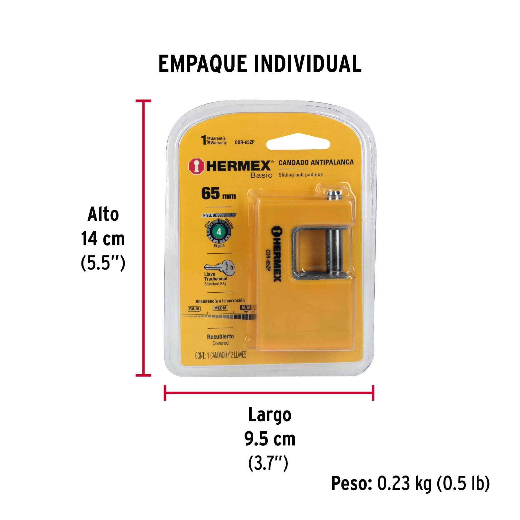 Candado antipalanca, 65mm, cuerpo metálico, Hermex Basic