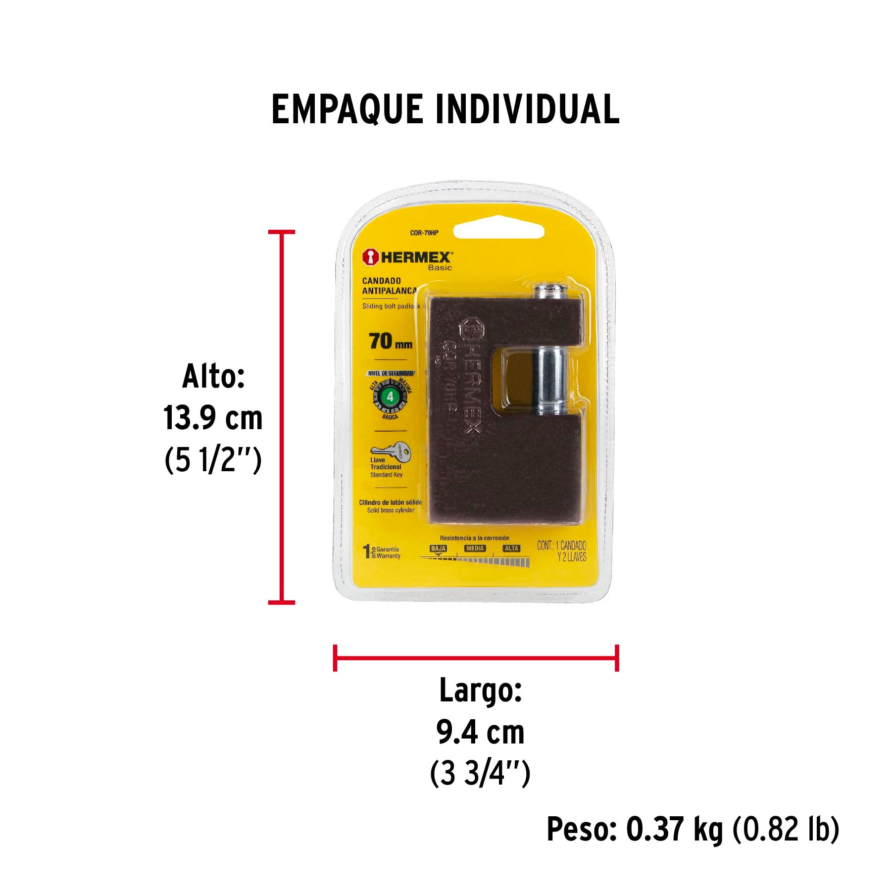 Candado antipalanca, 70mm, cuerpo de hierro, Hermex Basic