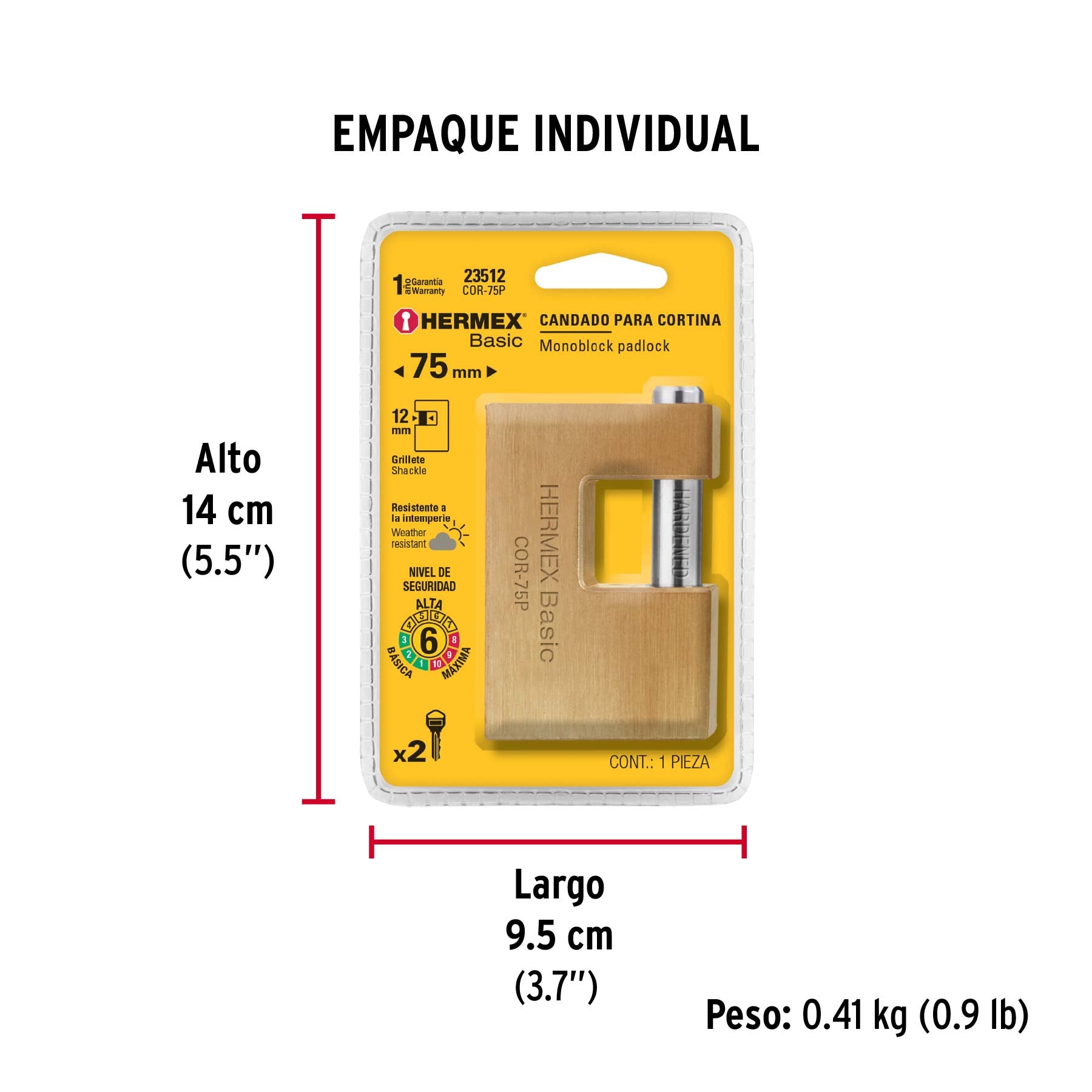 Candado antipalanca, 75mm, cuerpo de latón, Hermex Basic