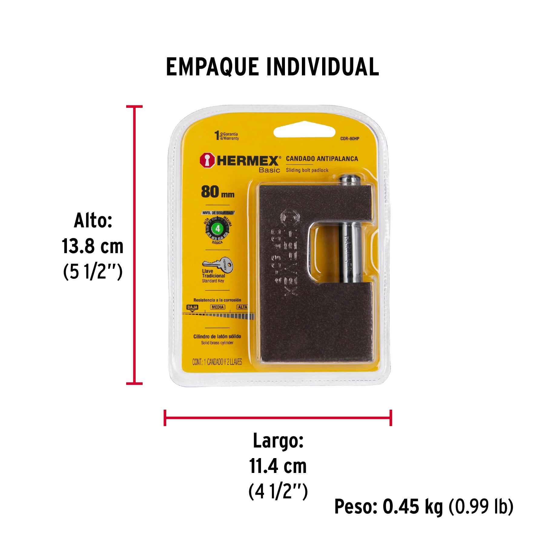 Candado antipalanca, 80mm, cuerpo de hierro, Hermex Basic
