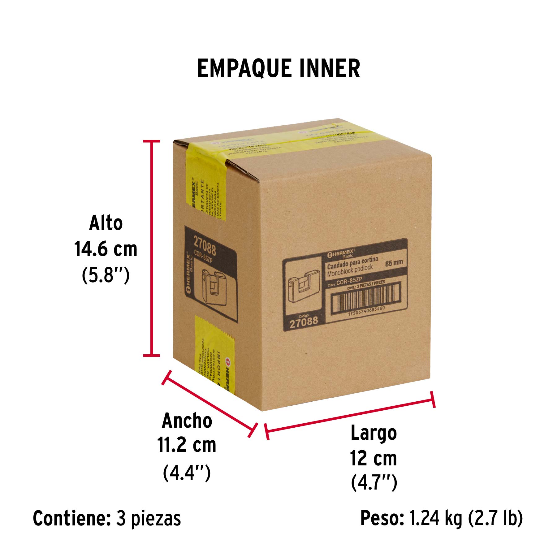Candado antipalanca, 85mm, cuerpo metálico, Hermex Basic