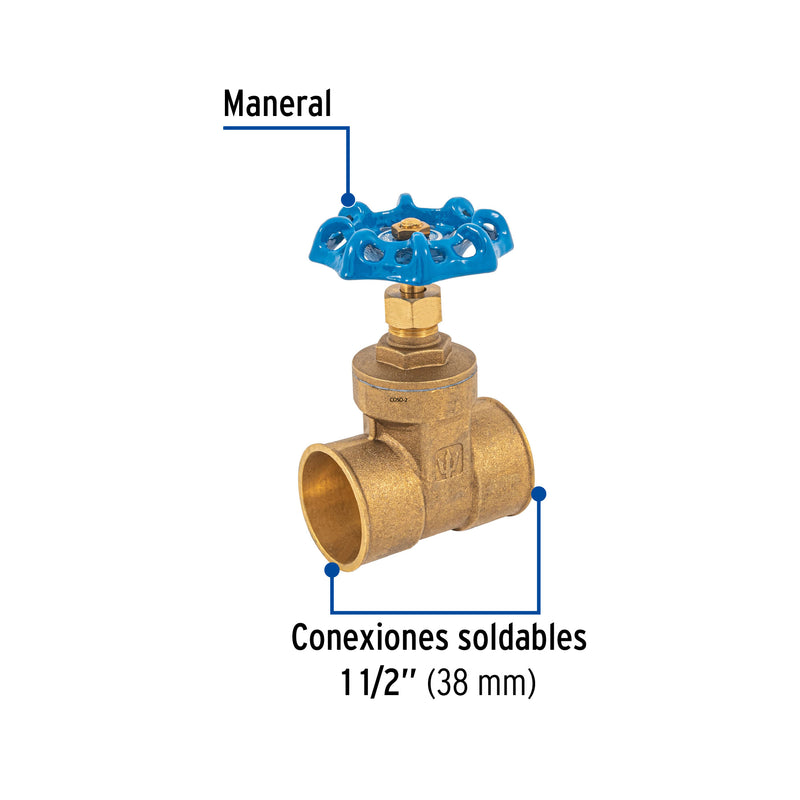 Válvula de compuerta de latón soldable de 1 1/2"