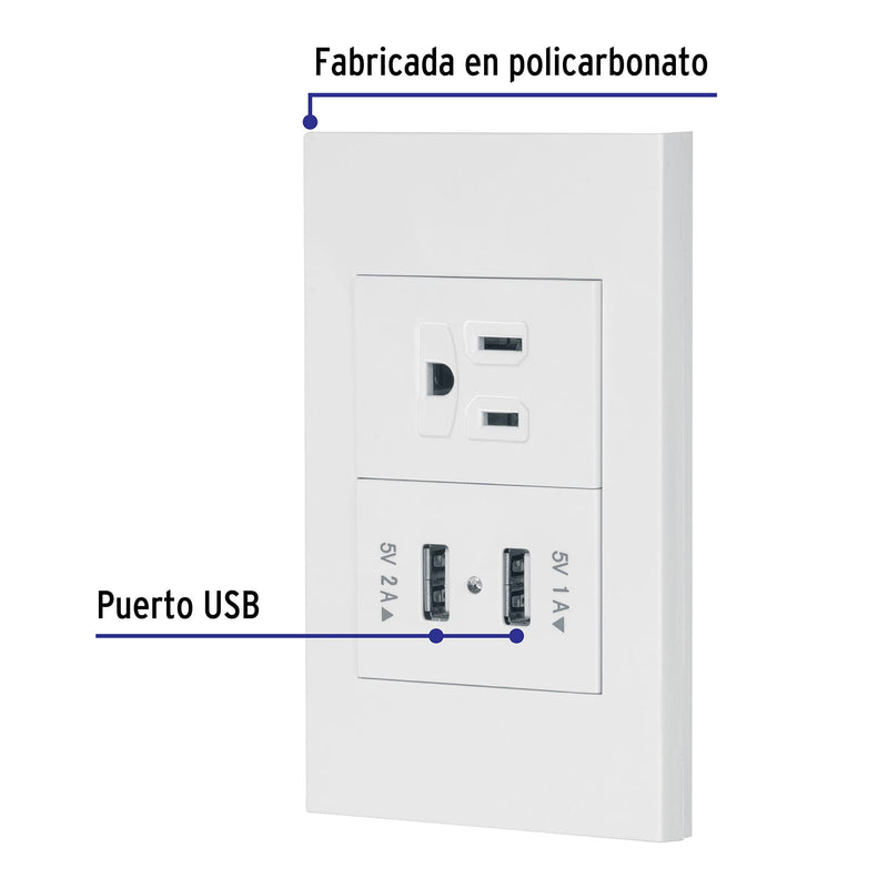 Placa armada 1contacto, 2puertos USB, 1.5mod,Española,blanco