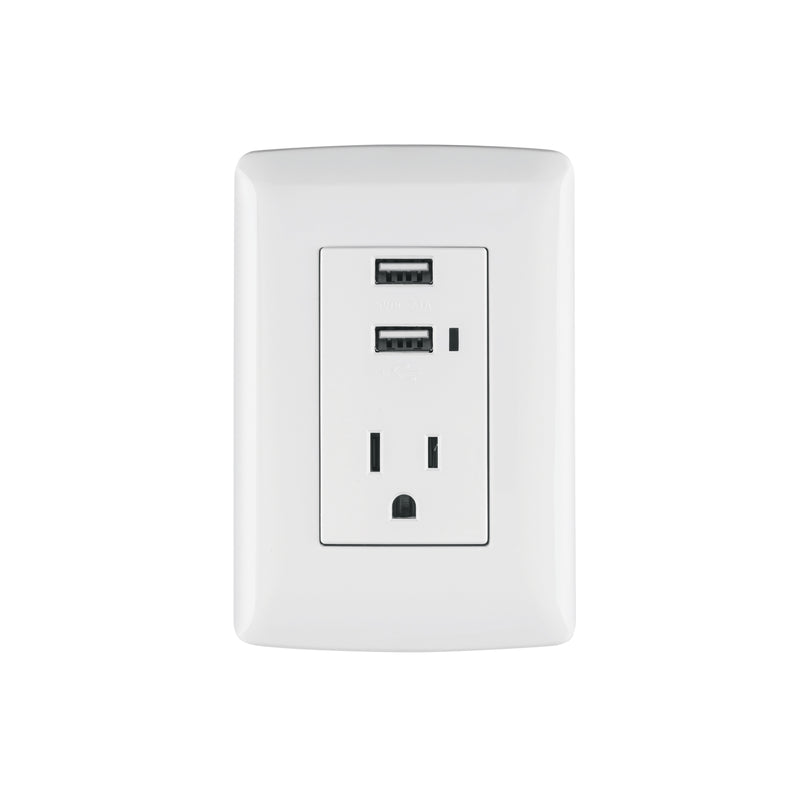 Contacto aterrizado + 2 puertos USB, blanco, línea Italiana