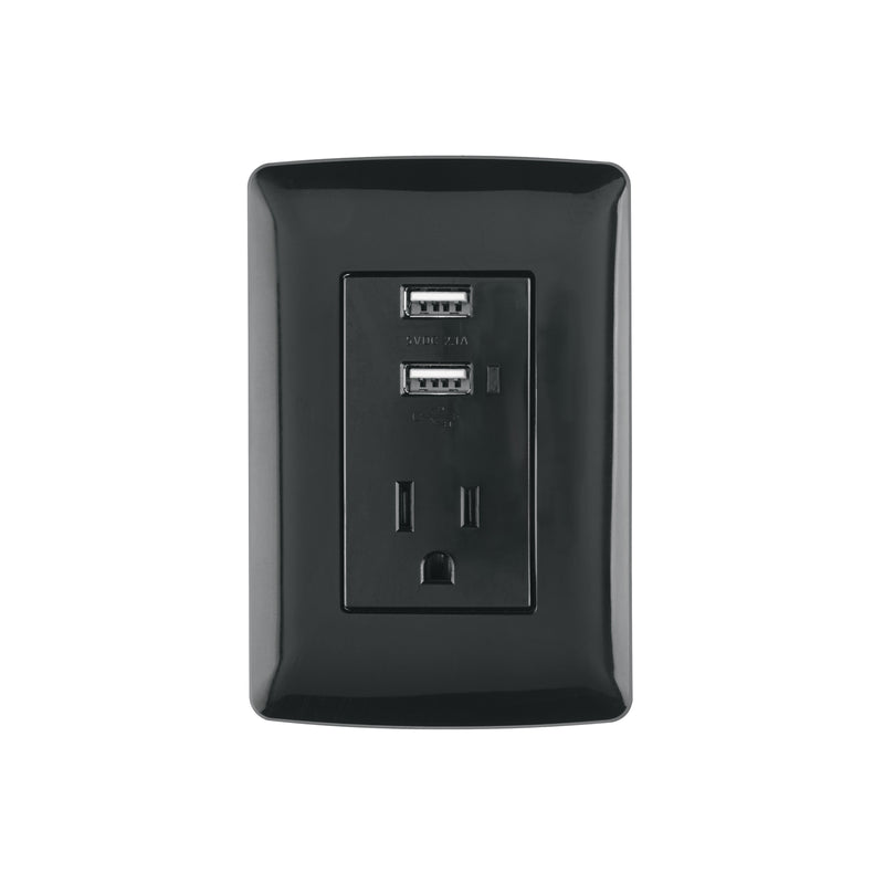 Contacto aterrizado + 2 puertos USB, negro, línea Italiana