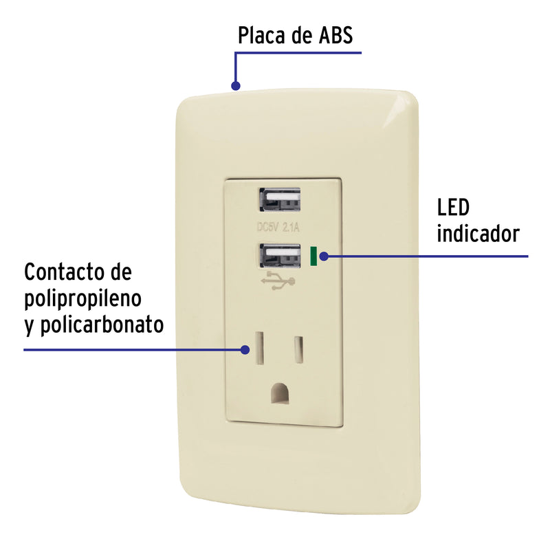 Contacto aterrizado + 2 puertos USB, marfil, línea Italiana