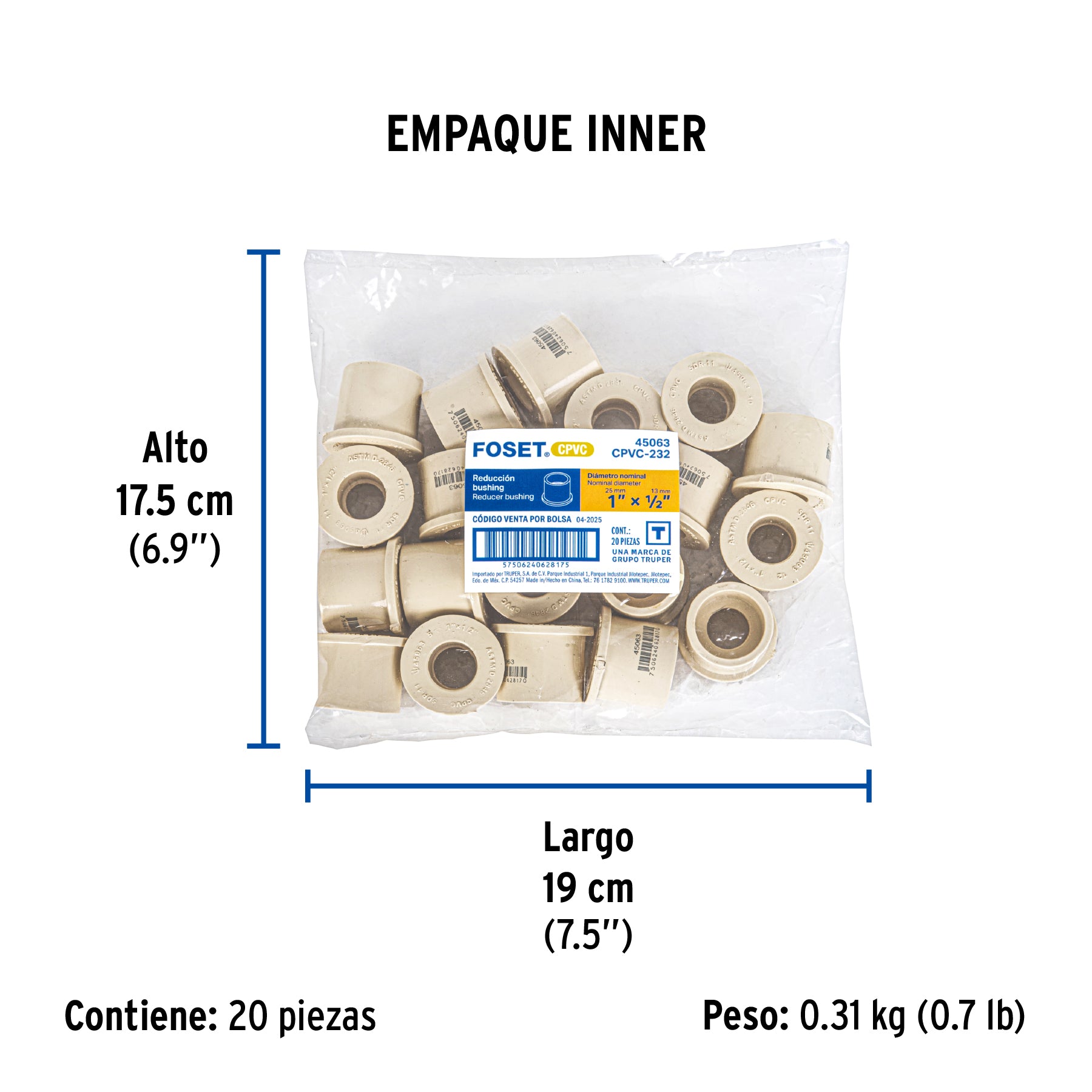 Reducción bushing de CPVC, 1" x 1/2"