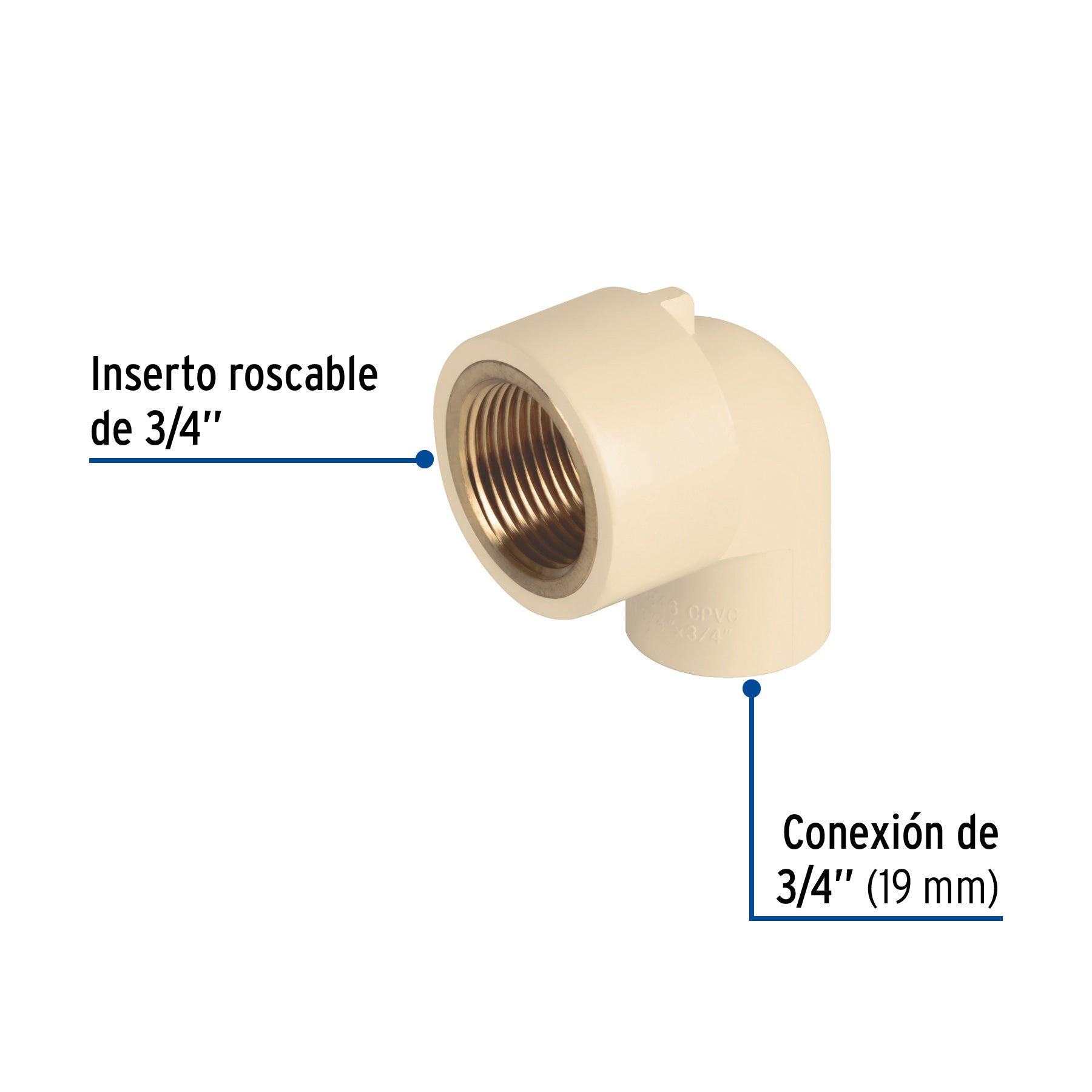 Codo 90° CPVC inserto latón 3/4"