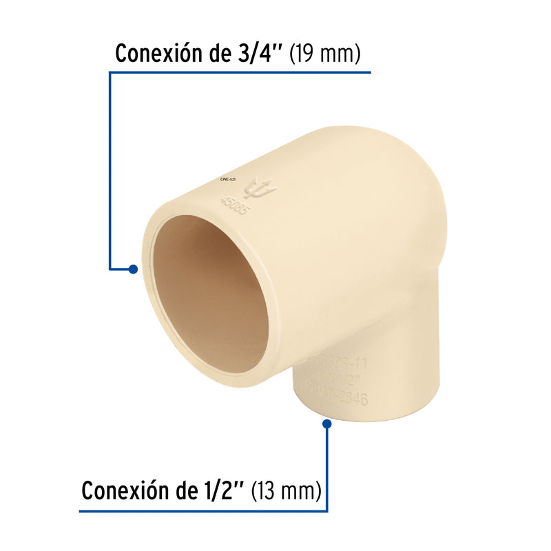 Codo 90° reducido de CPVC, 3/4 x 1/2"