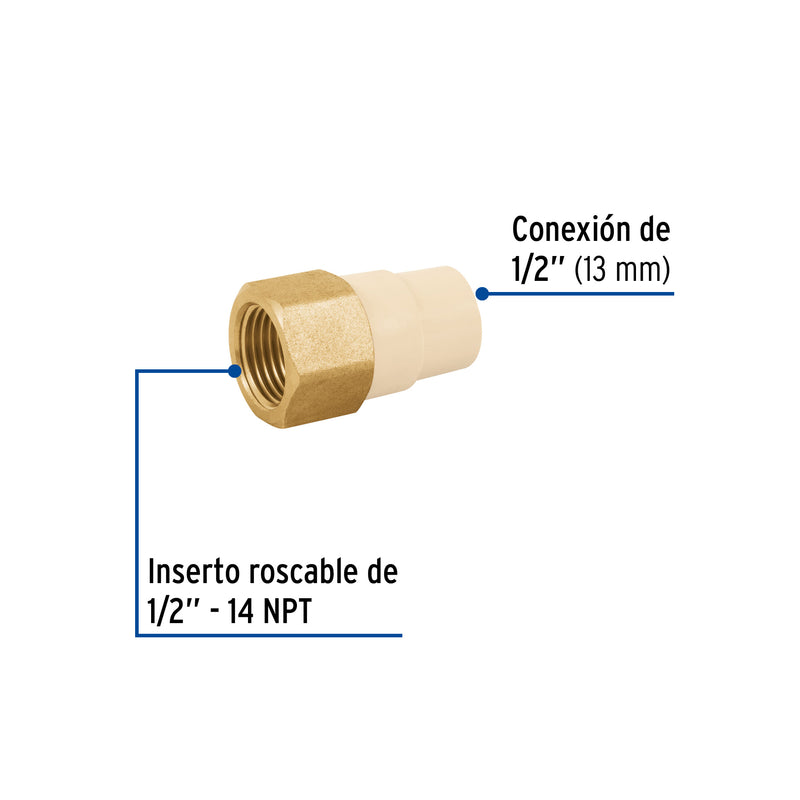 Adaptador hembra de CPVC con inserto metálico 1/2"