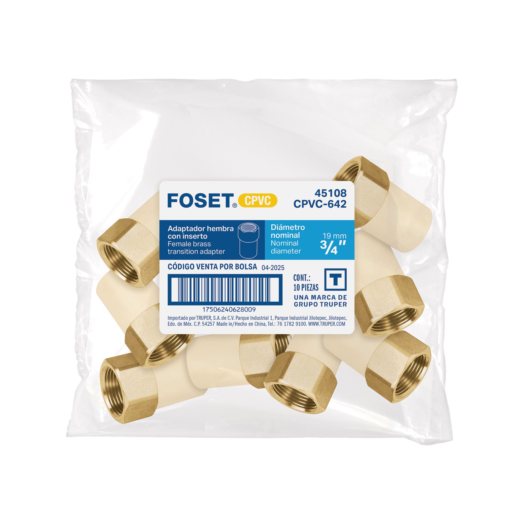Adaptador hembra de CPVC con inserto metálico 3/4"
